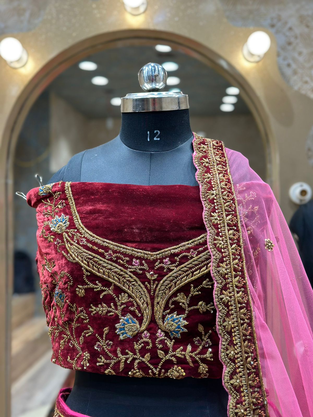 Hot Pink Raw Silk  Hand Embroidered Antique work Bridal Lehenga