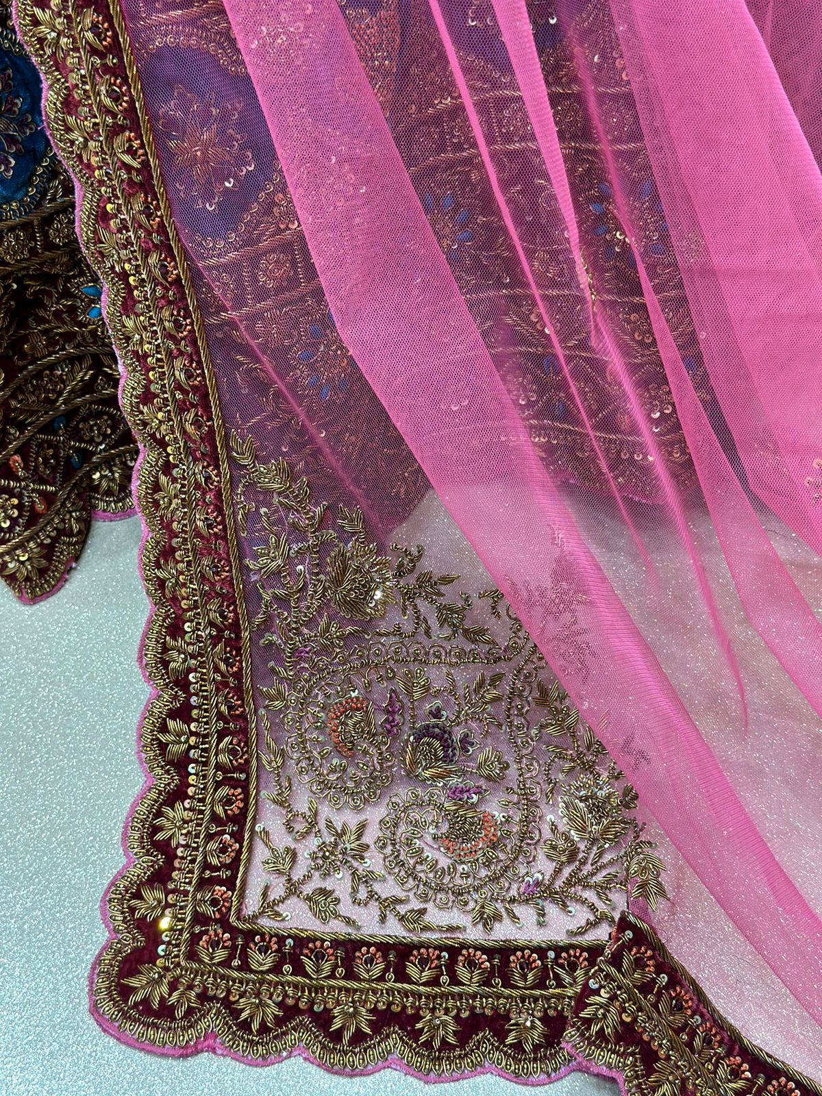 Hot Pink Raw Silk  Hand Embroidered Antique work Bridal Lehenga