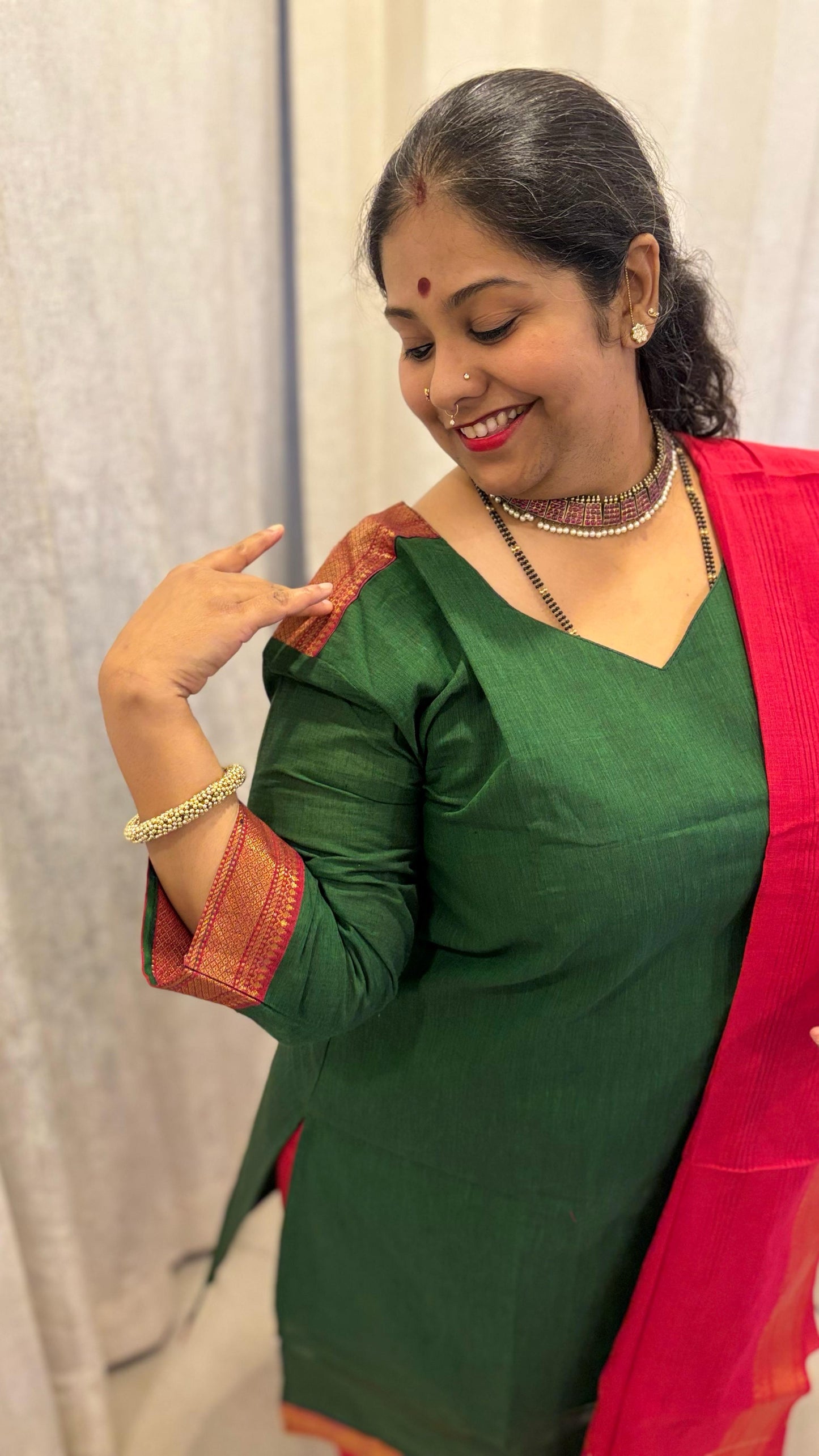 Maya - Kurti Set in Mangalagiri cotton in Green Color
