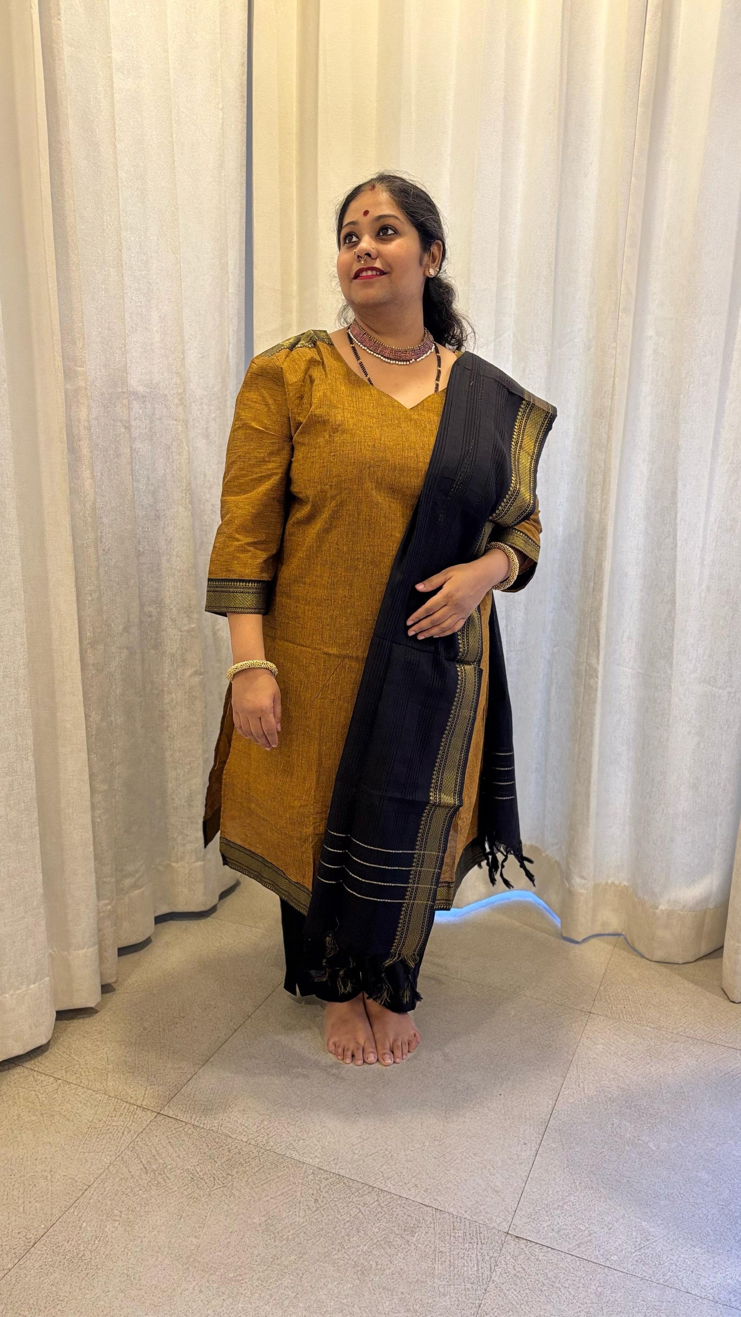Maya - Kurti Set in Mangalagiri cotton in Mustard Color