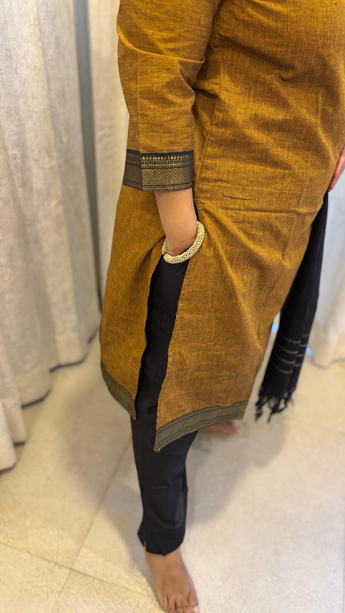 Maya - Kurti Set in Mangalagiri cotton in Mustard Color