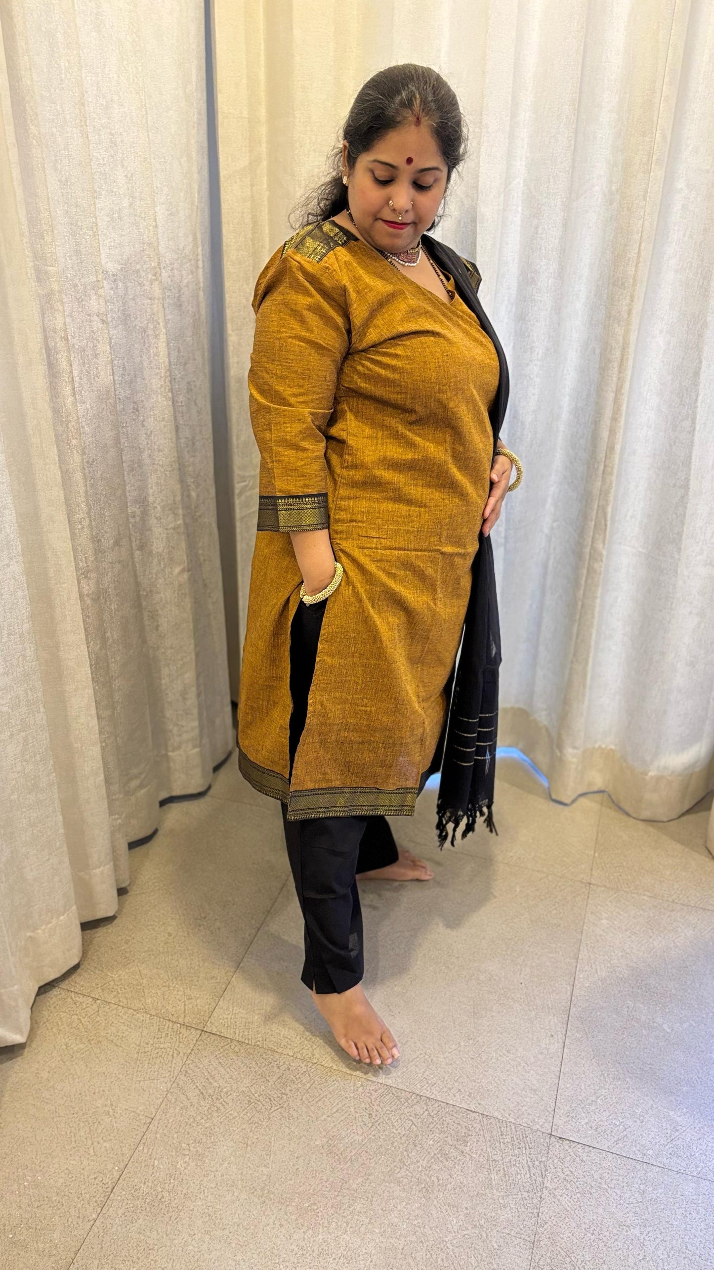 Maya - Kurti Set in Mangalagiri cotton in Mustard Color