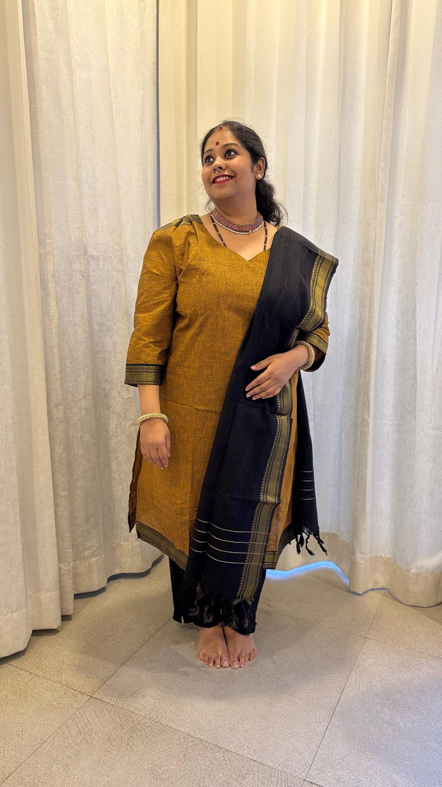 Maya - Kurti Set in Mangalagiri cotton in Mustard Color