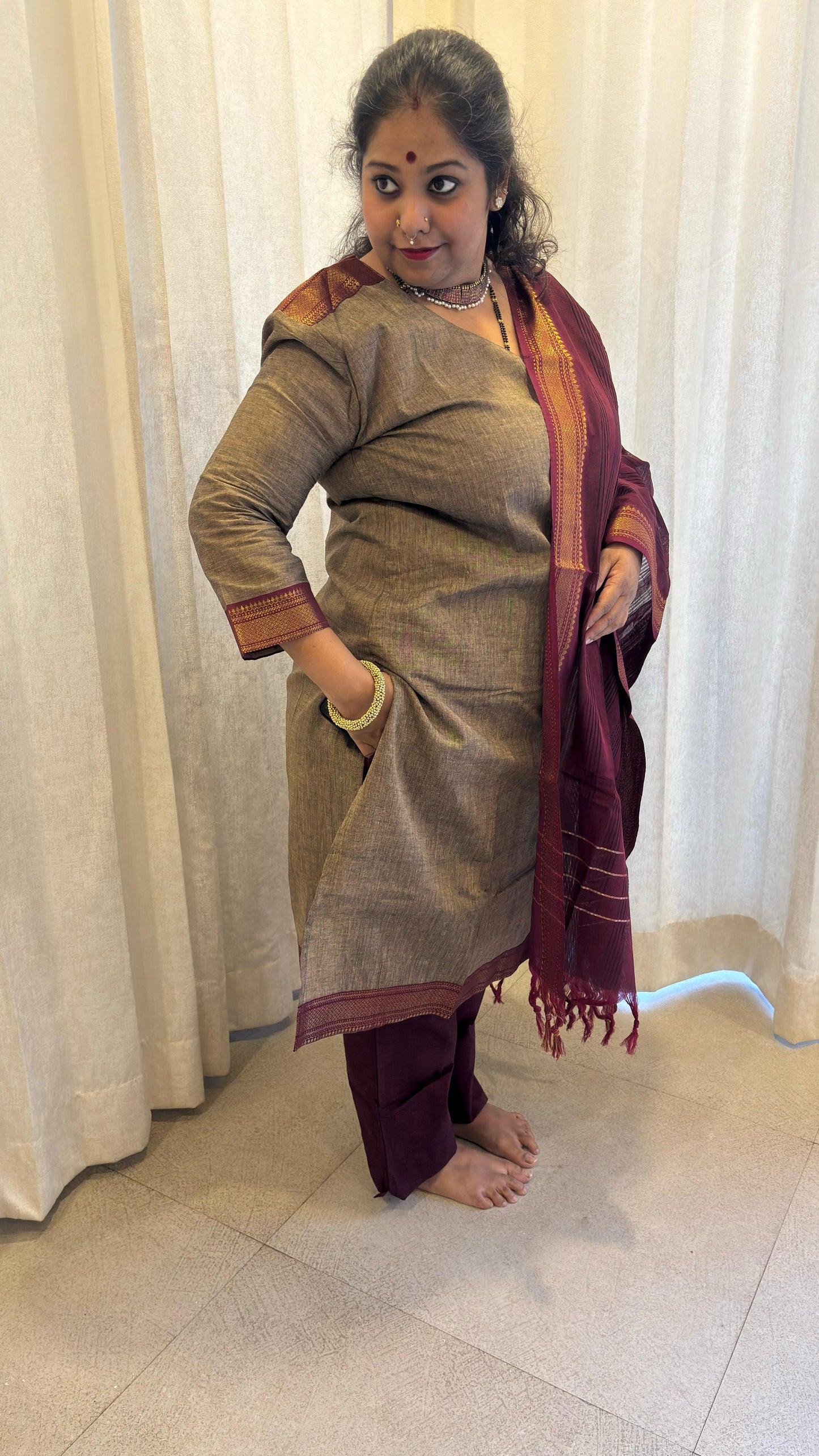 Maya - Kurti Set in Mangalagiri cotton in Beige Color