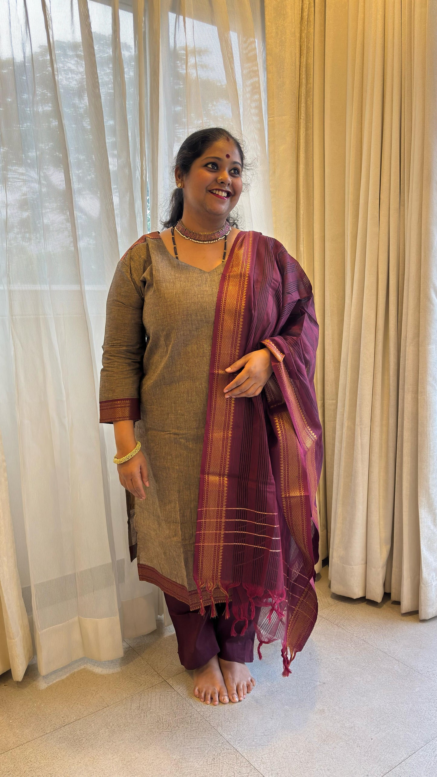 Maya - Kurti Set in Mangalagiri cotton in Beige Color