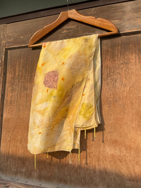 Sunrise Butter Yellow Habutai Silk Scarf with Leaf Motifs & Yellow Katdana Tassels