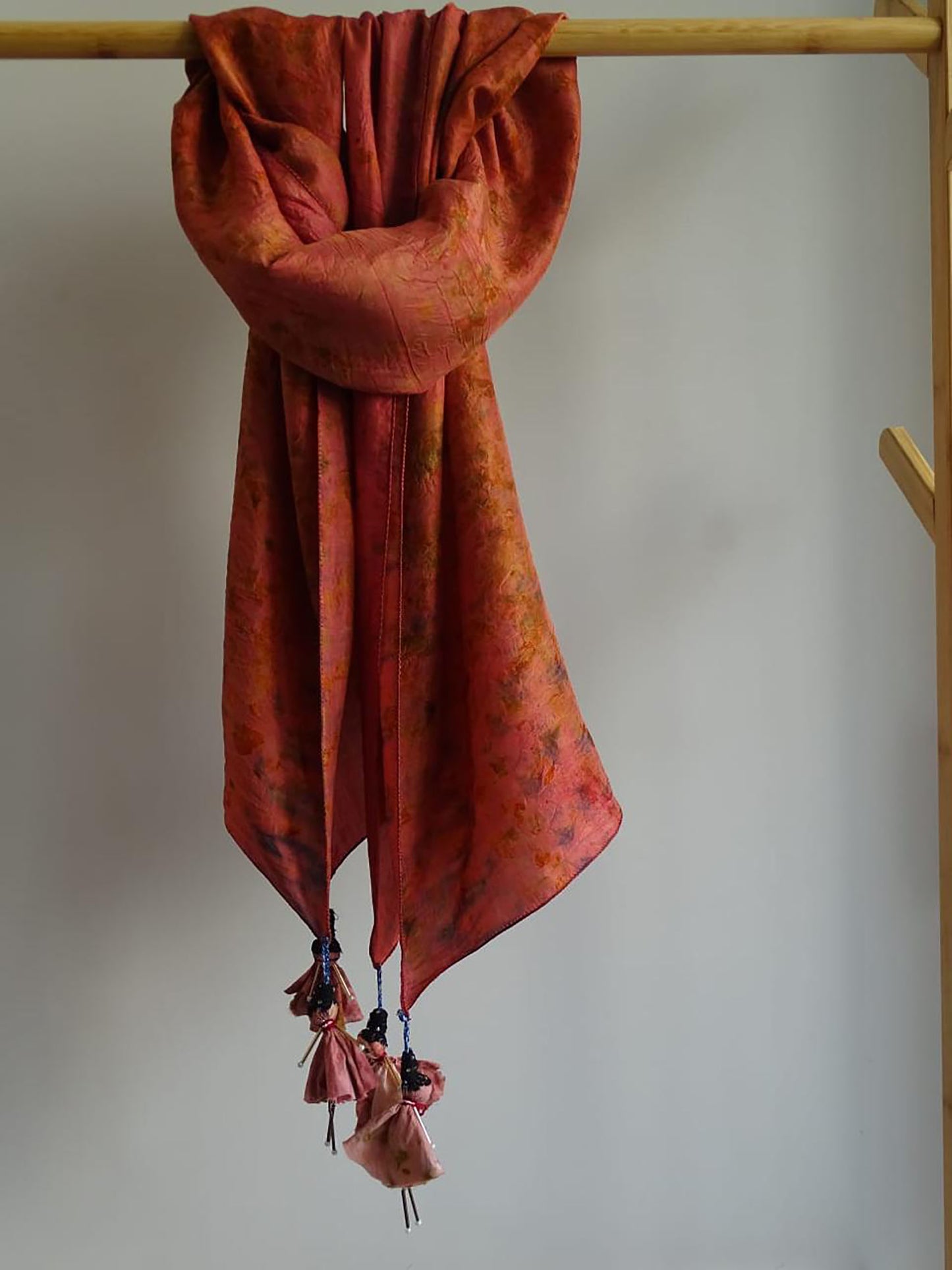 Shakuntala Rose Brown Handcrafted Eco-Dyed Habutai Silk Scarf with Doll Tassels