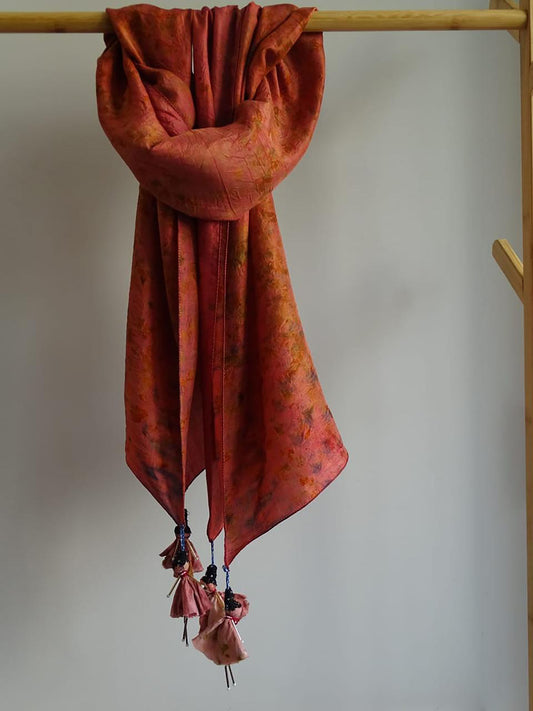 Shakuntala Rose Brown Handcrafted Eco-Dyed Habutai Silk Scarf with Doll Tassels