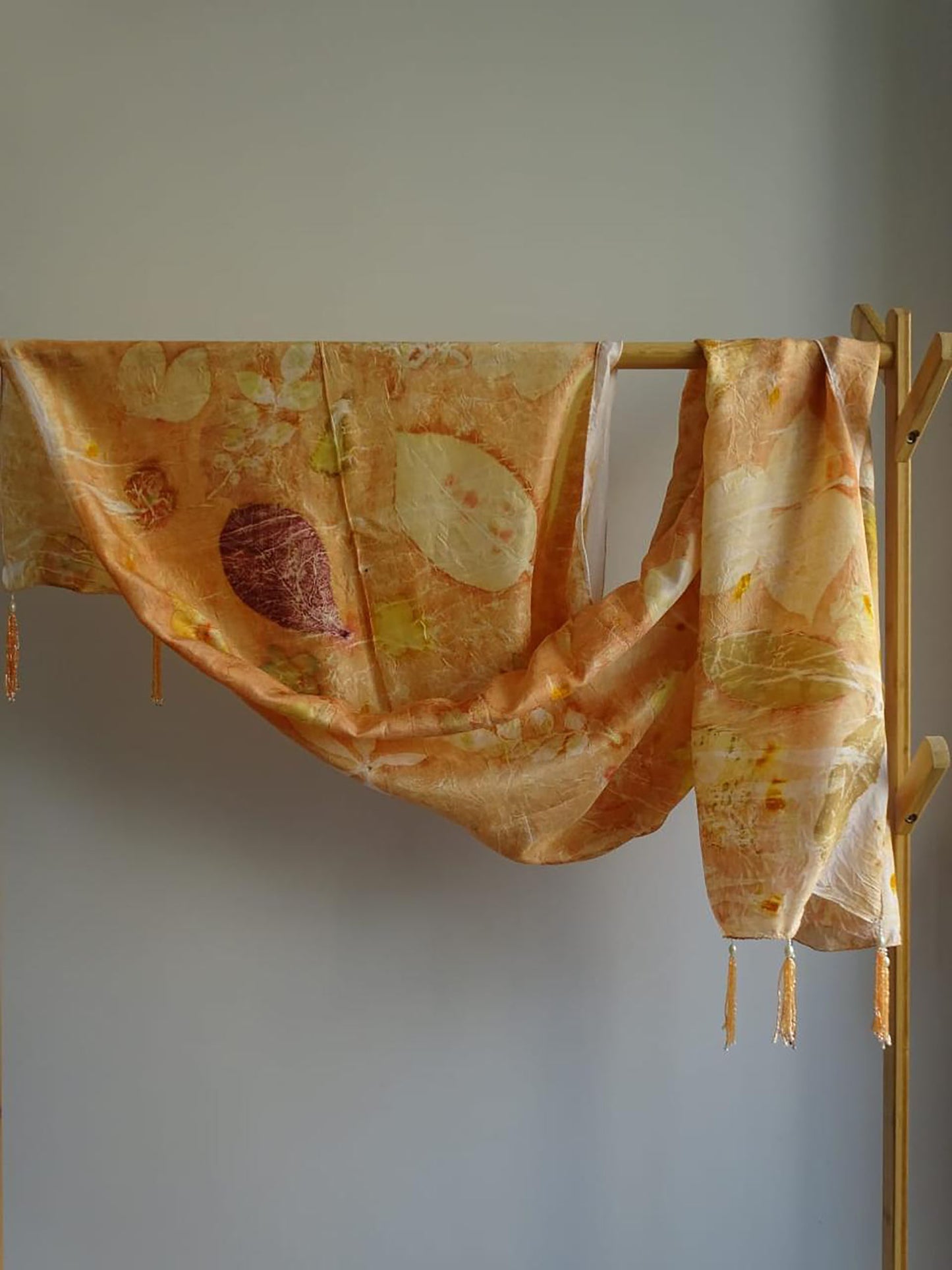 WildPeach Apricot-Blush Eco-Printed Silk Scarf with Handcrafted Kardana Tassels