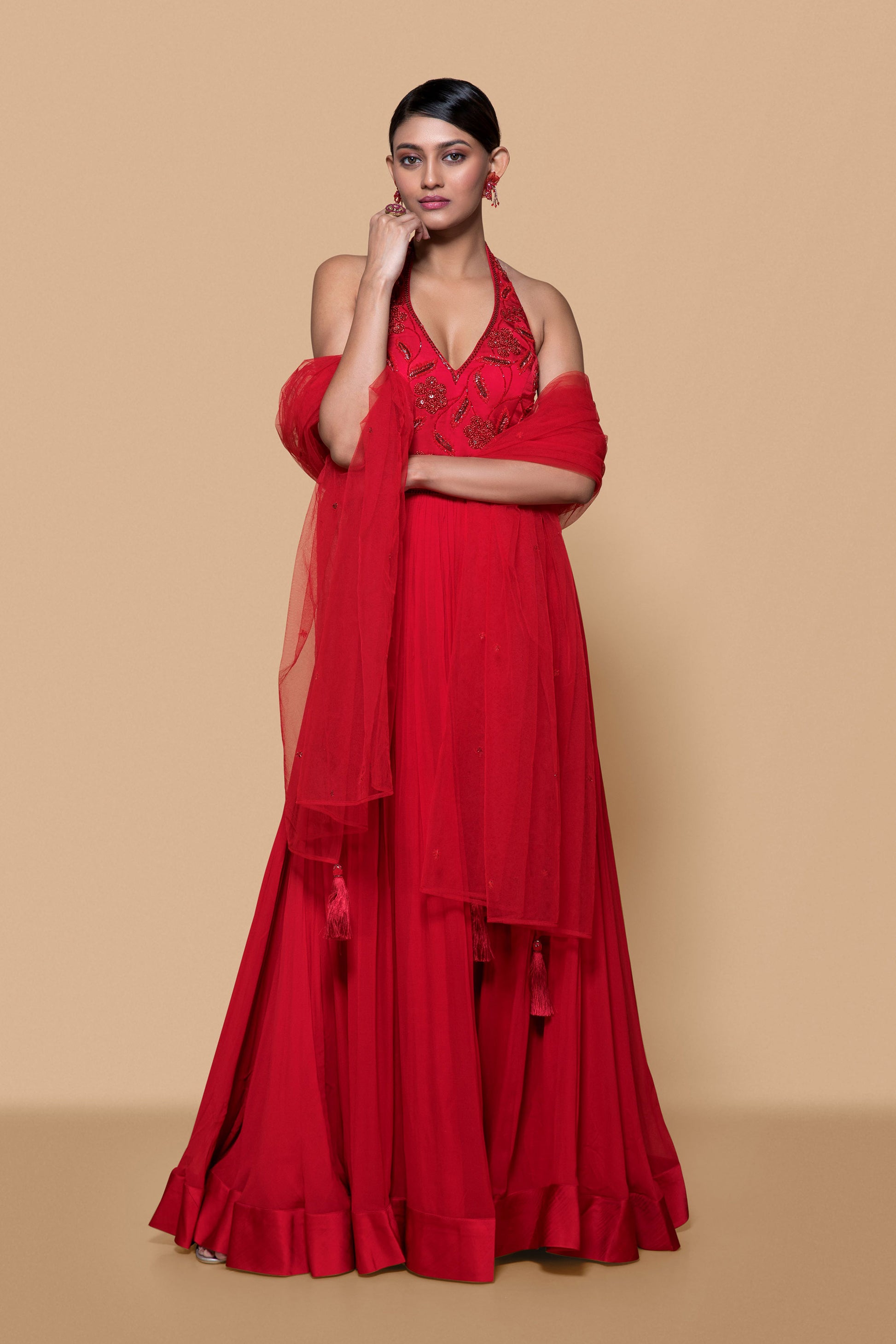 Red Halter Neck Anarkali Set Mohi fashion Red Halter Neck Anarkali Set Mohi fashion
