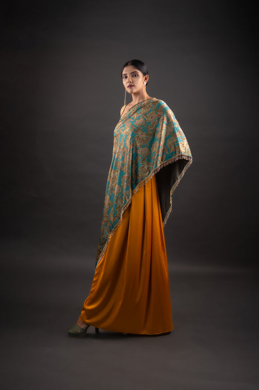 Paisley Printed One Shoulder Cape with Mustard Yellow Box Pleated Palazzo Pants