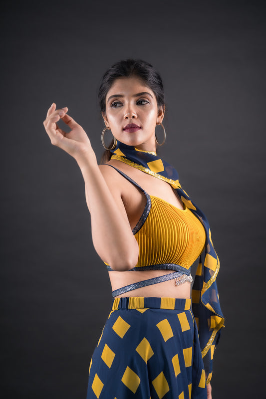 Pleated lycra crop top paired with printed geometric printed skirt palazzo
