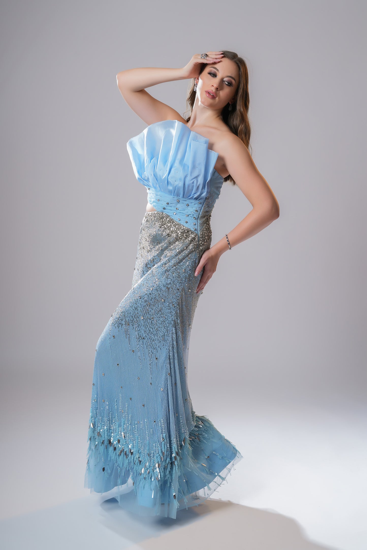 Atasi Cloque Ice Blue Tulle Party Wear Gown