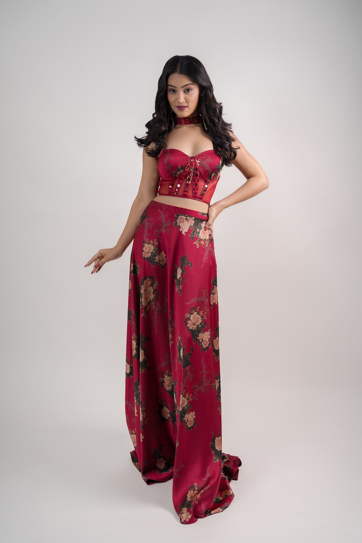 Maroon Floral Corset Blouse with Umbrella Skirt & Choker Dupatta
