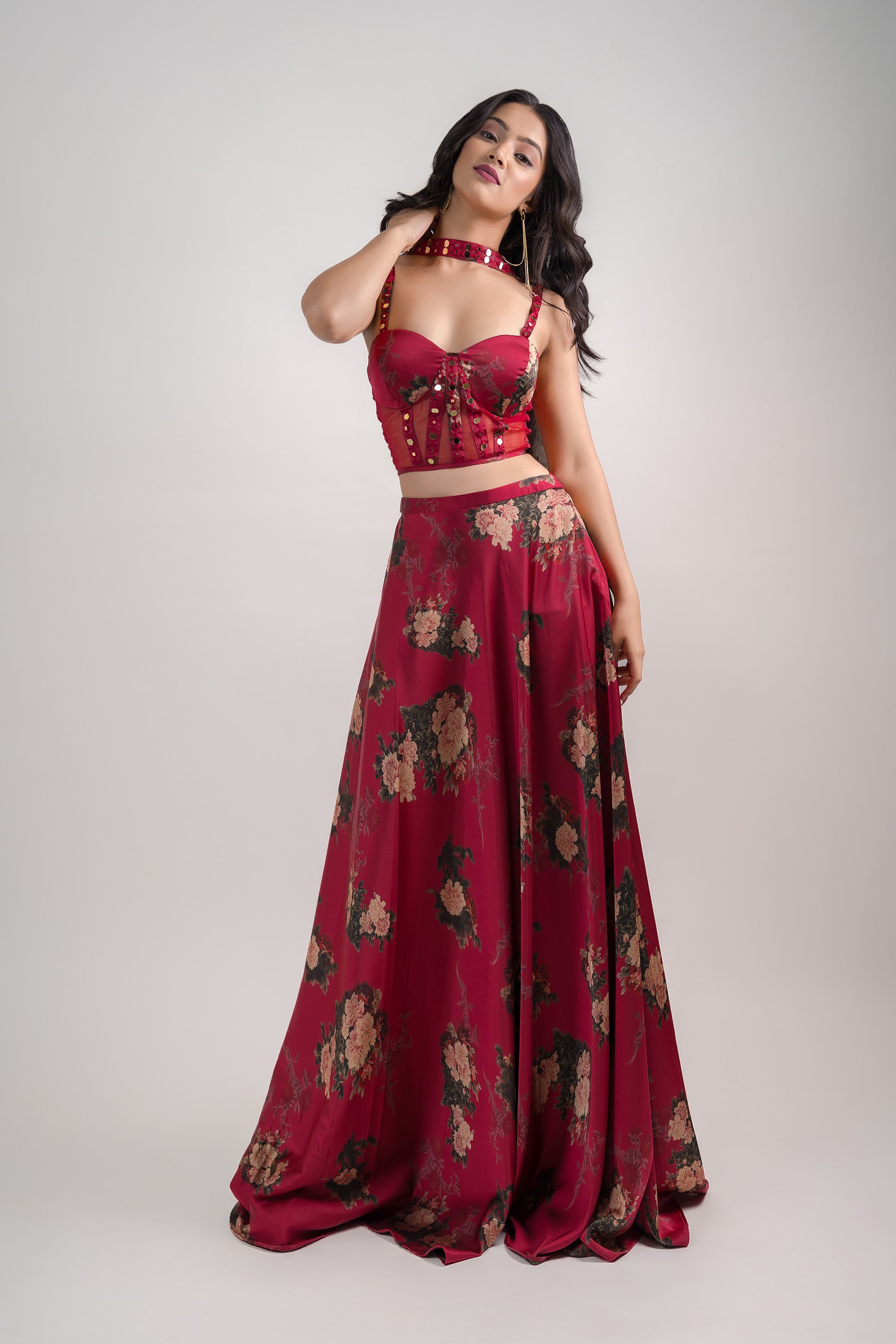 Maroon Floral Corset Blouse with Umbrella Skirt & Choker Dupatta Maroon Floral Corset Blouse with Umbrella Skirt & Choker Dupatta