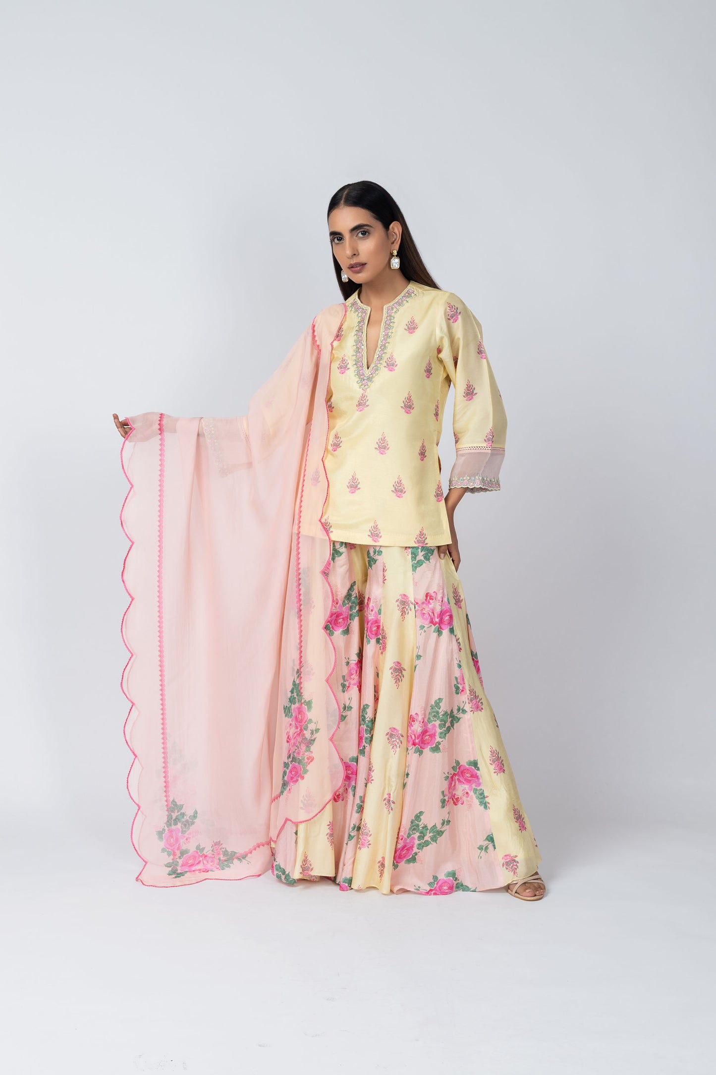 Shabana Embroidered Sleeves Silk Shabana Set with Sharara