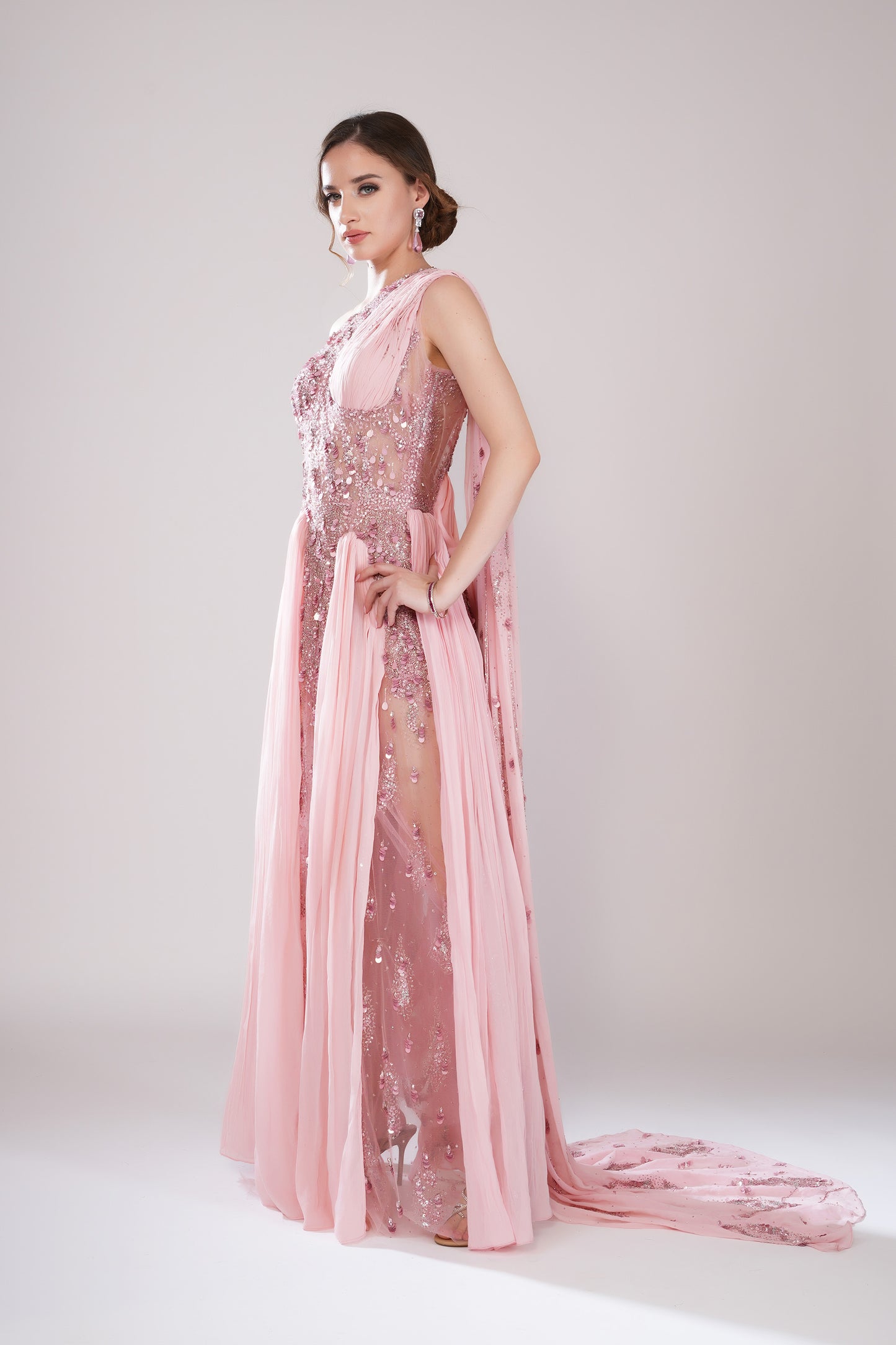 Crystal Sorbet Pink Tulle Sangeet Gown