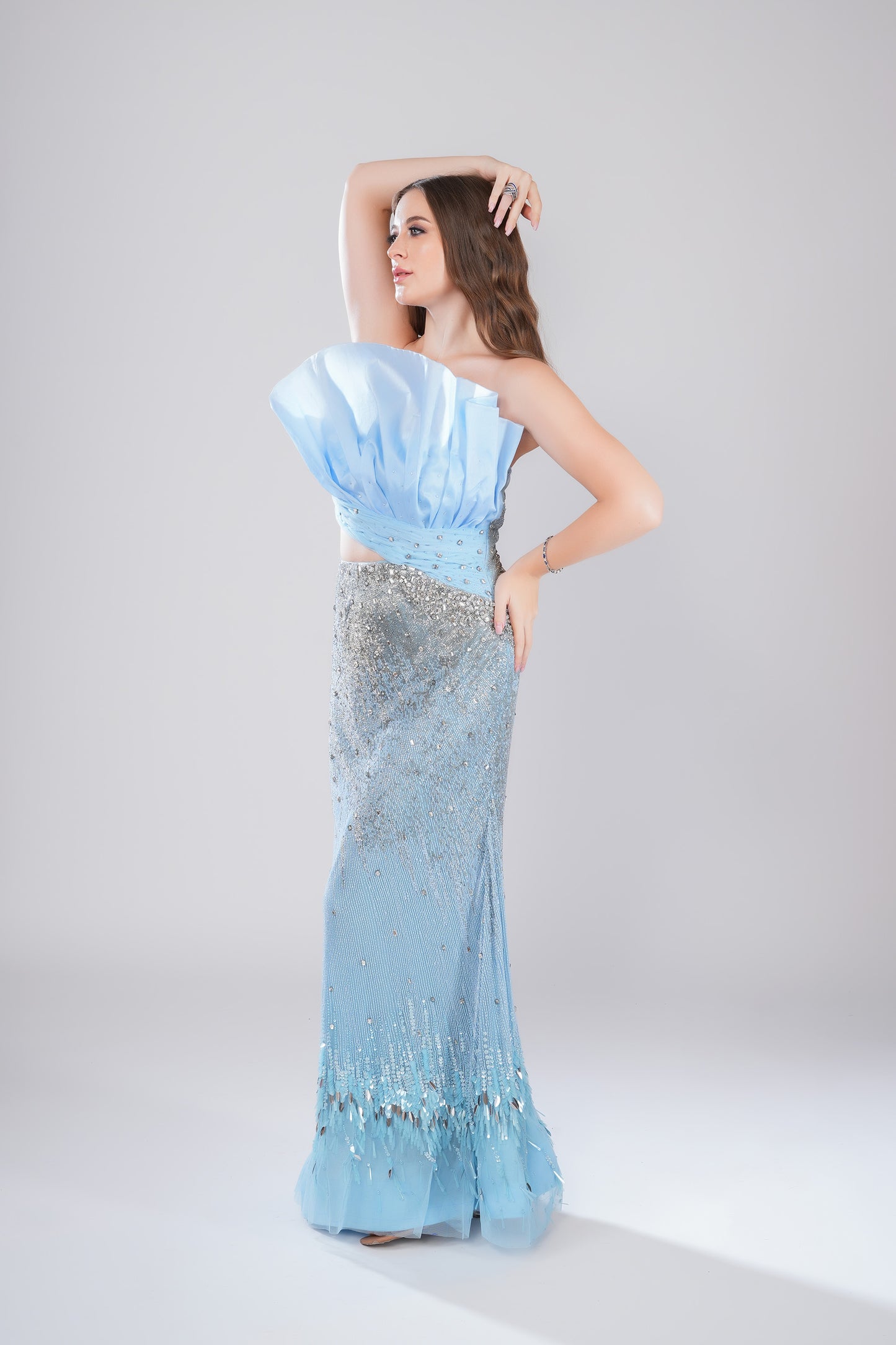 Atasi Cloque Ice Blue Tulle Party Wear Gown