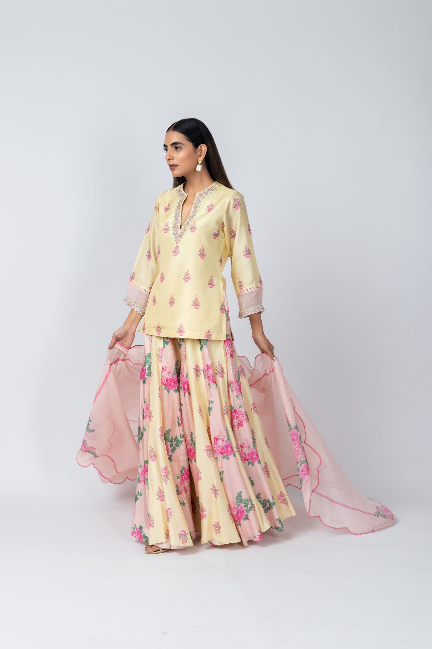 Shabana Embroidered Sleeves Silk Shabana Set with Sharara