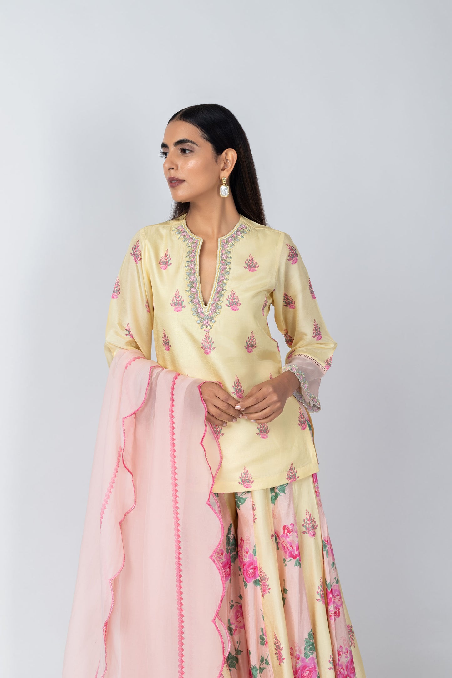 Shabana Embroidered Sleeves Silk Shabana Set with Sharara