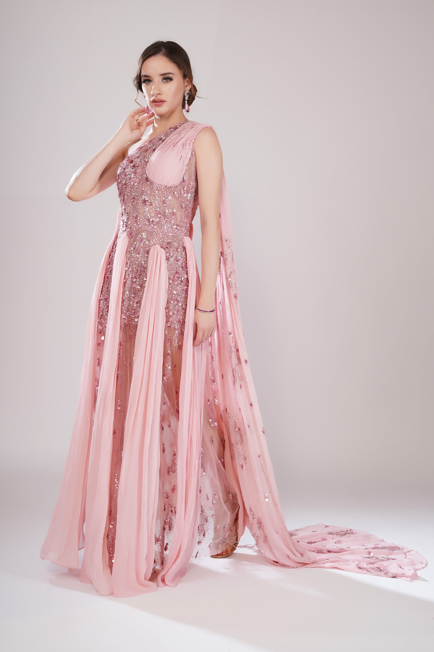 Crystal Sorbet Pink Tulle Sangeet Gown