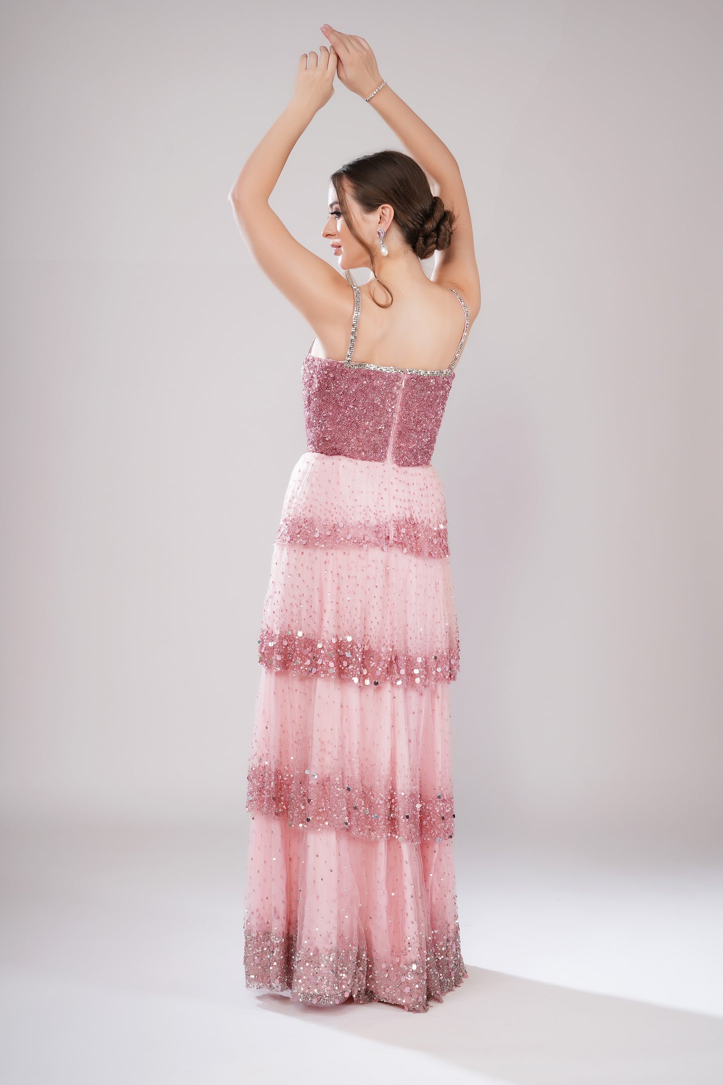 Amethyst Cascade Pink Tulle Party Wear Gown