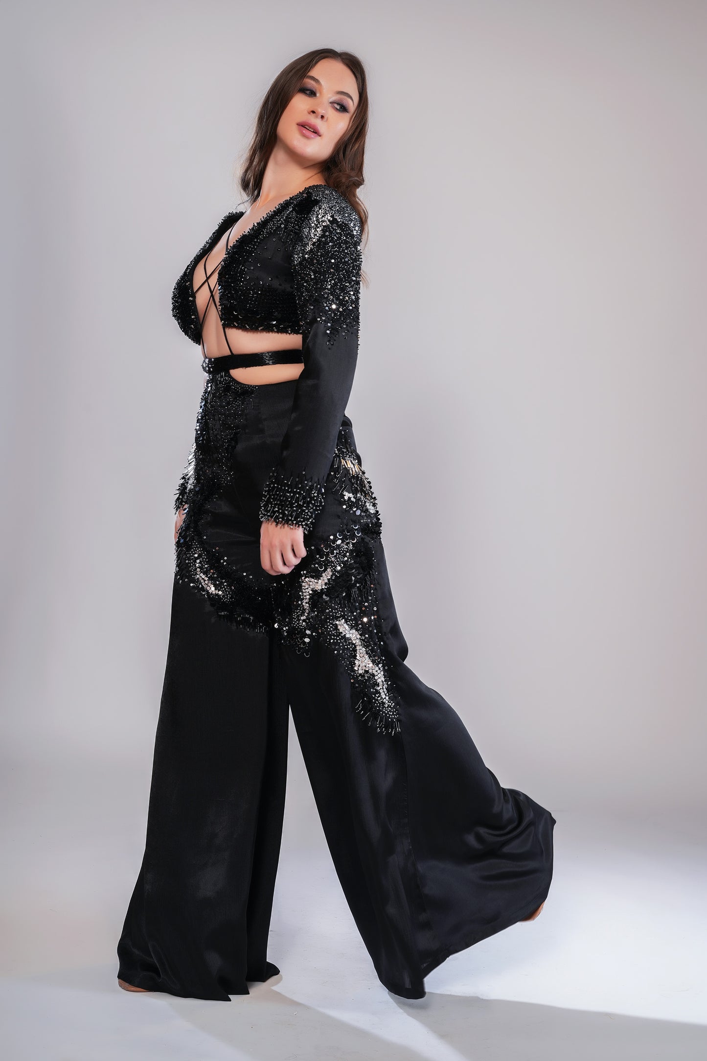 Temporal Illusion Black Satin Cocktail Jumpsuit