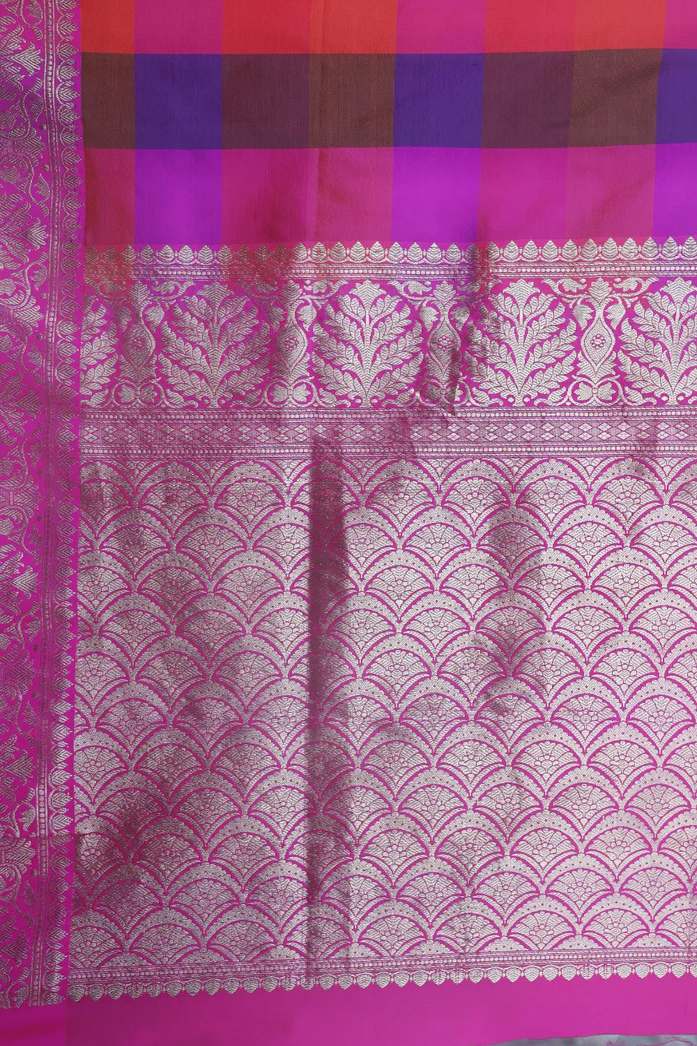 Handloom Pink Multi Colour Box Checks Pure Silk Banarasi Saree With Hot Pink Gold Zari Border