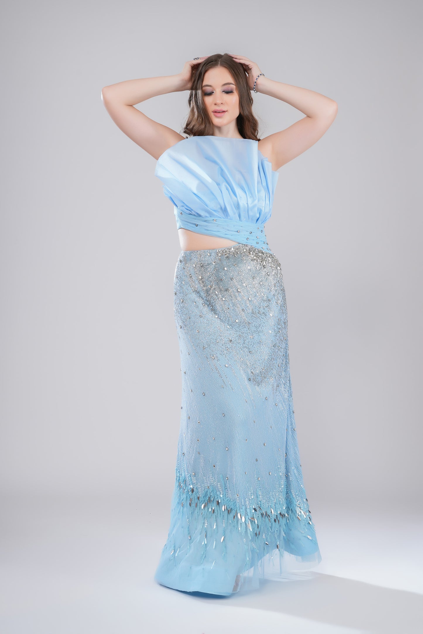 Atasi Cloque Ice Blue Tulle Party Wear Gown