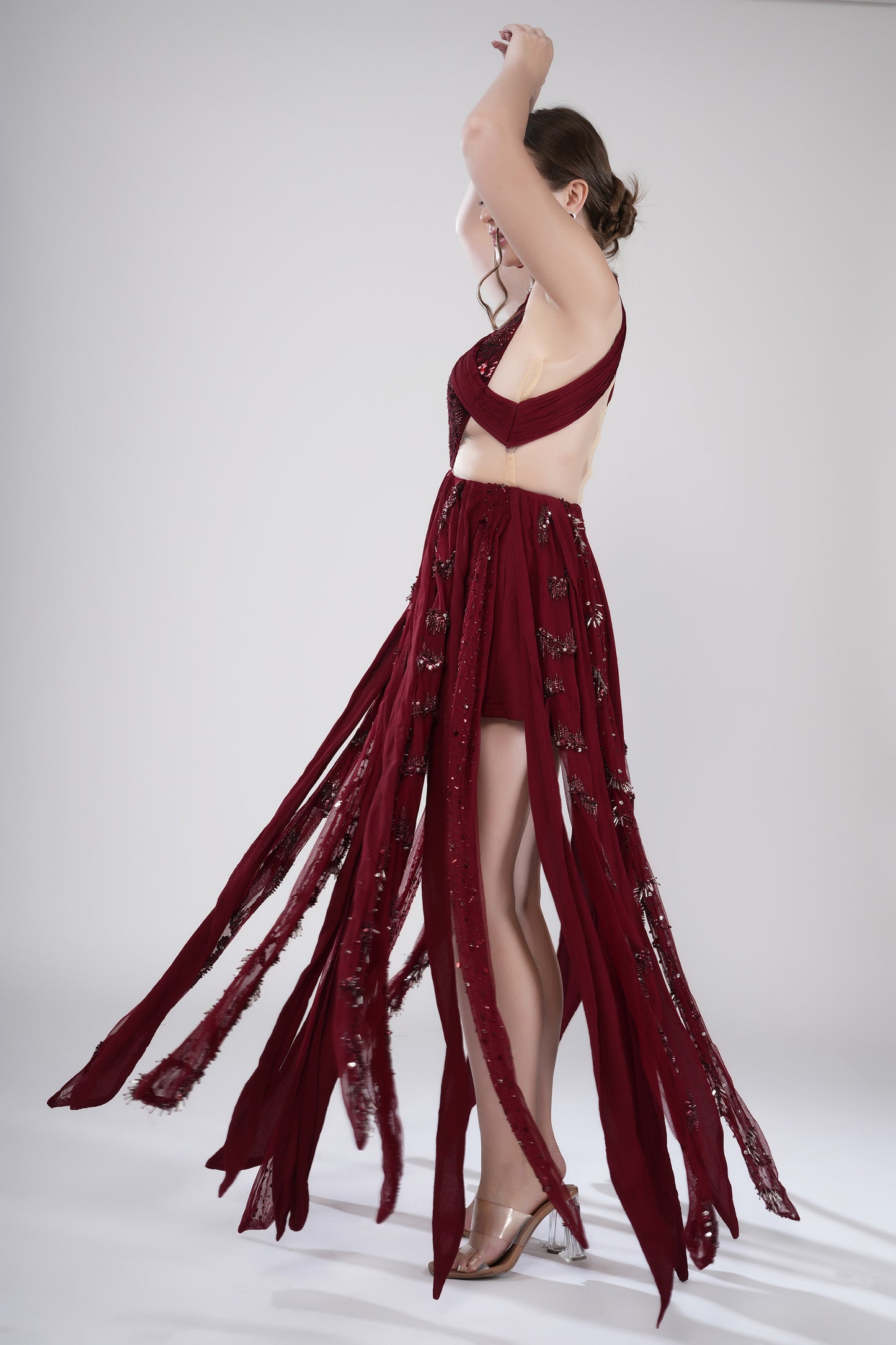 Crimson flames Red Tulle Party Wear Gown