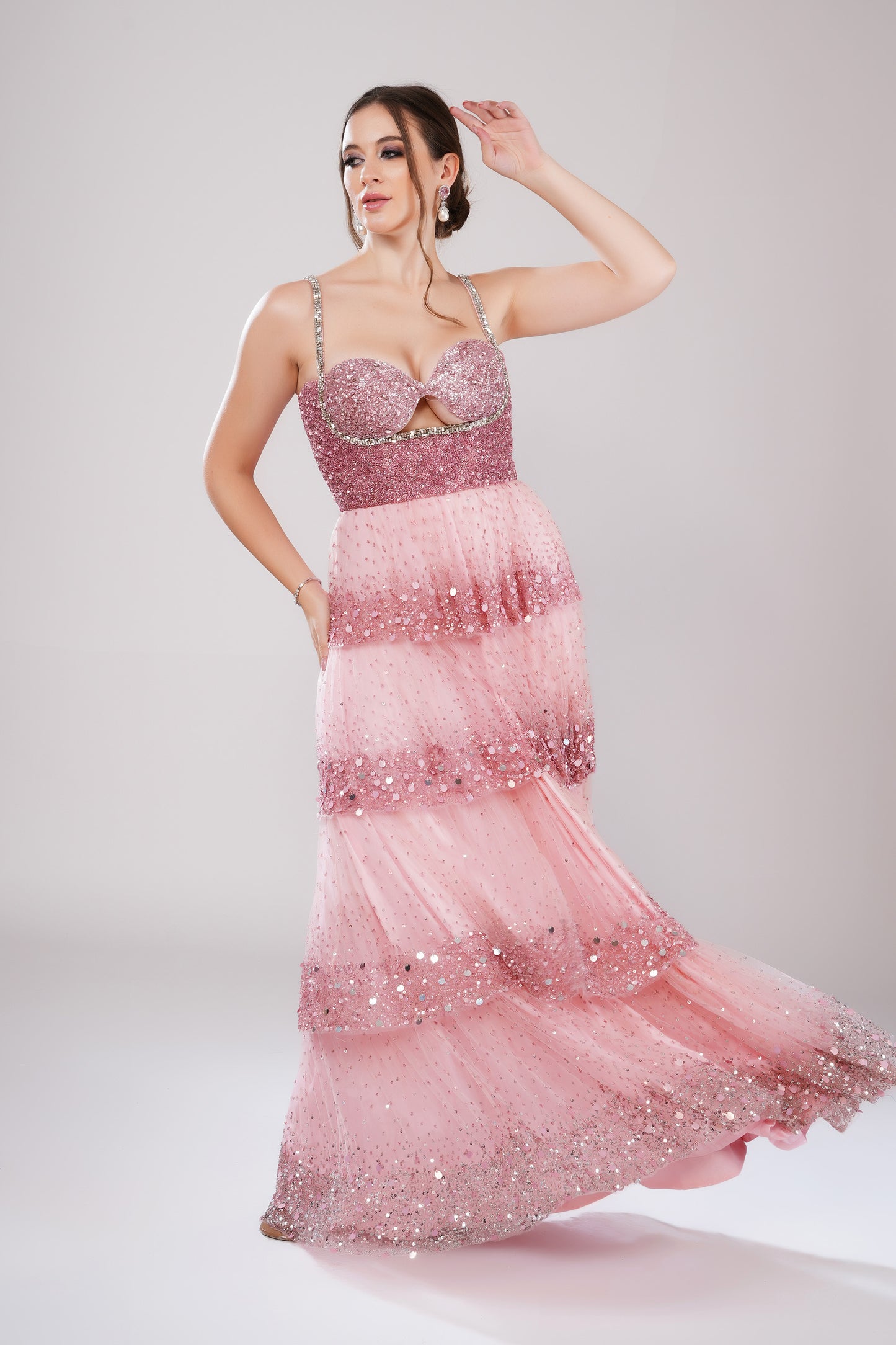 Amethyst Cascade Pink Tulle Party Wear Gown