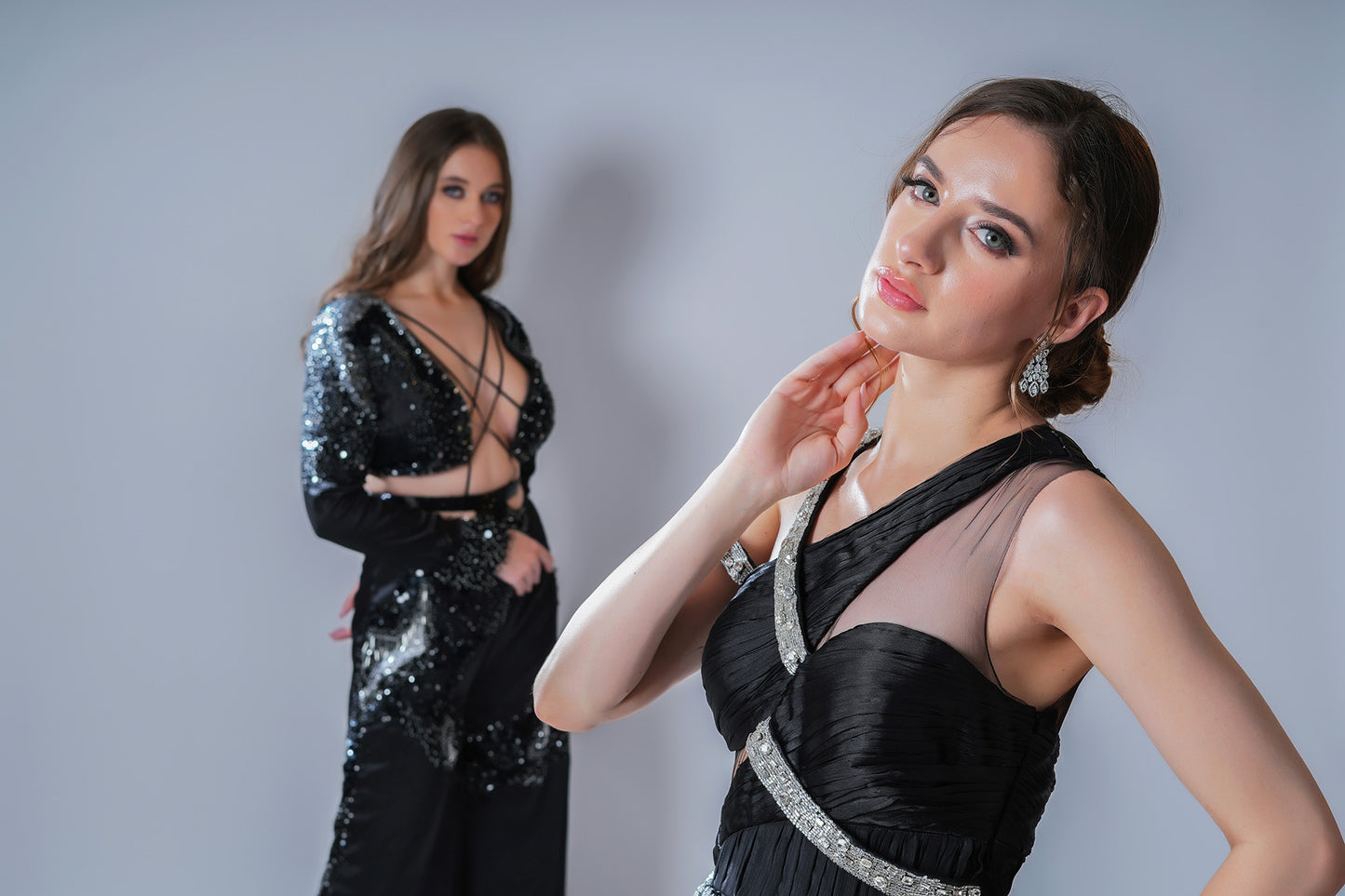 Temporal Illusion Black Satin Cocktail Jumpsuit