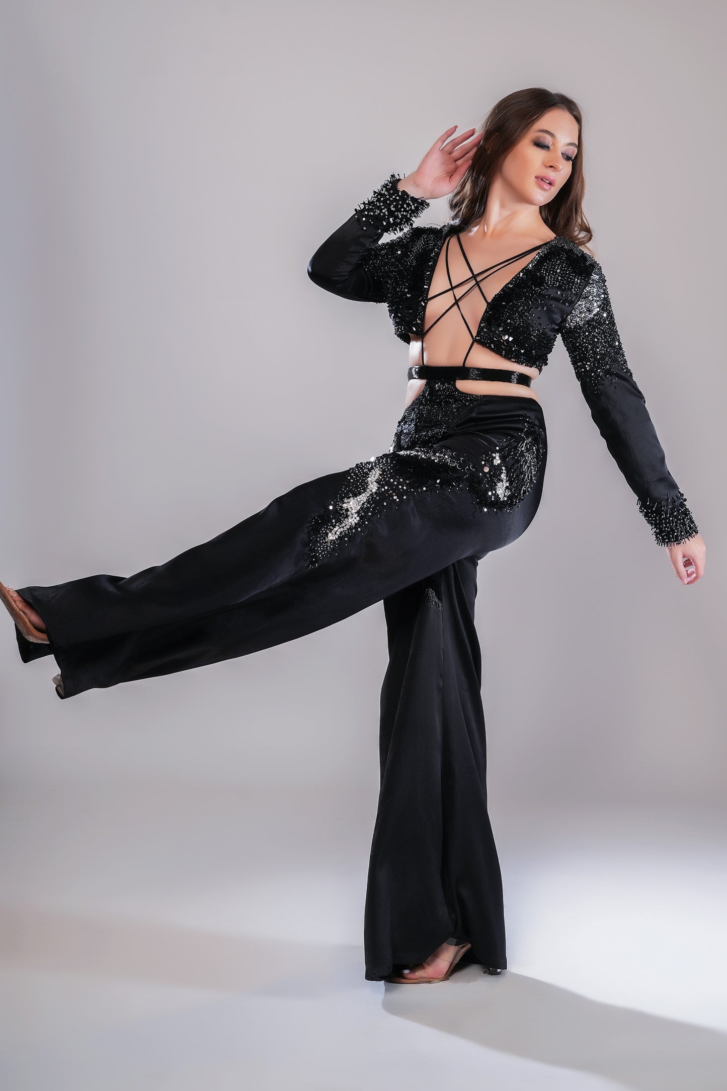 Temporal Illusion Black Satin Cocktail Jumpsuit