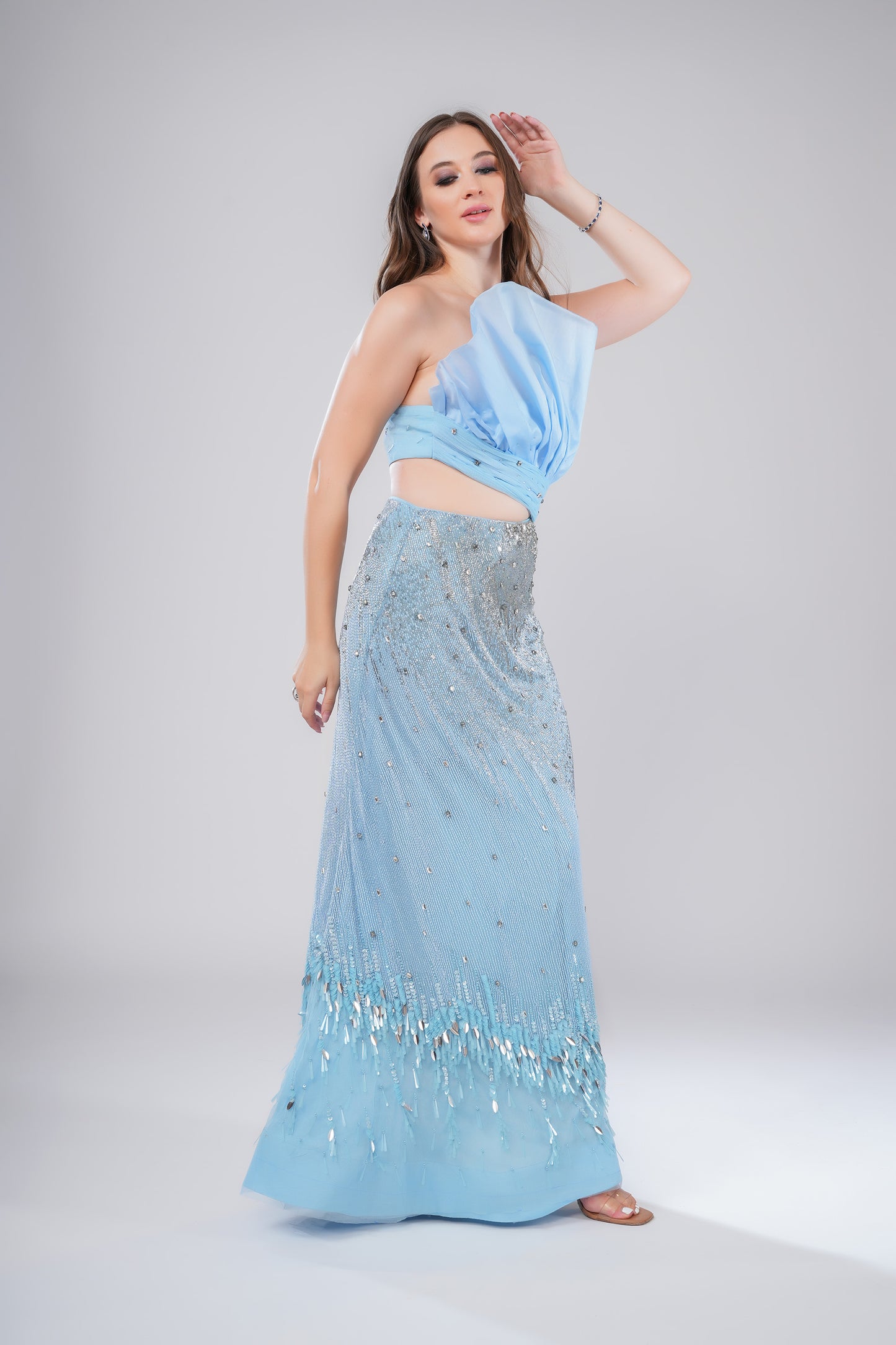Atasi Cloque Ice Blue Tulle Party Wear Gown