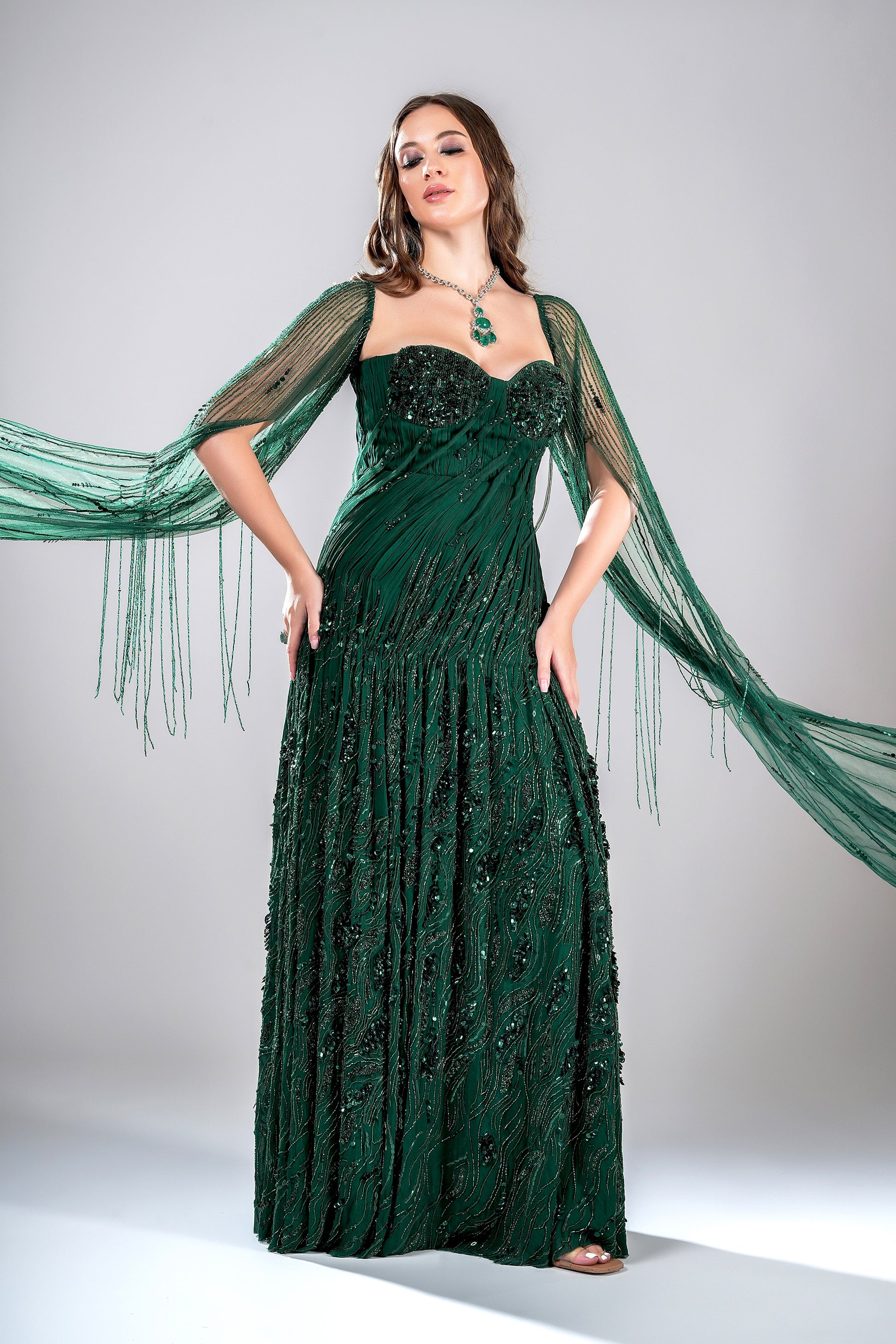 Emerald Epoch Green Tulle Bride's Party Sangeet Gown S