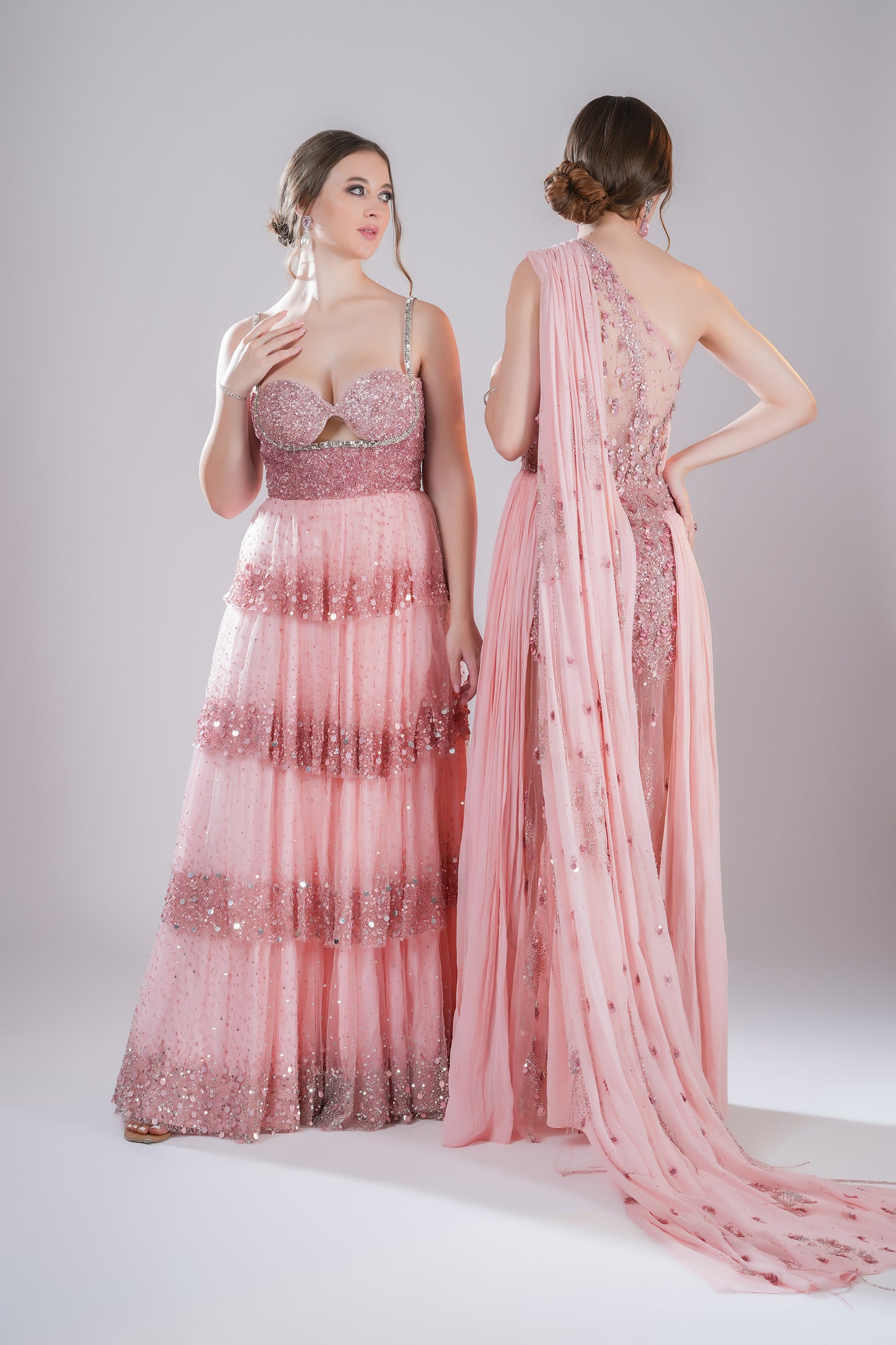 Amethyst Cascade Pink Tulle Party Wear Gown