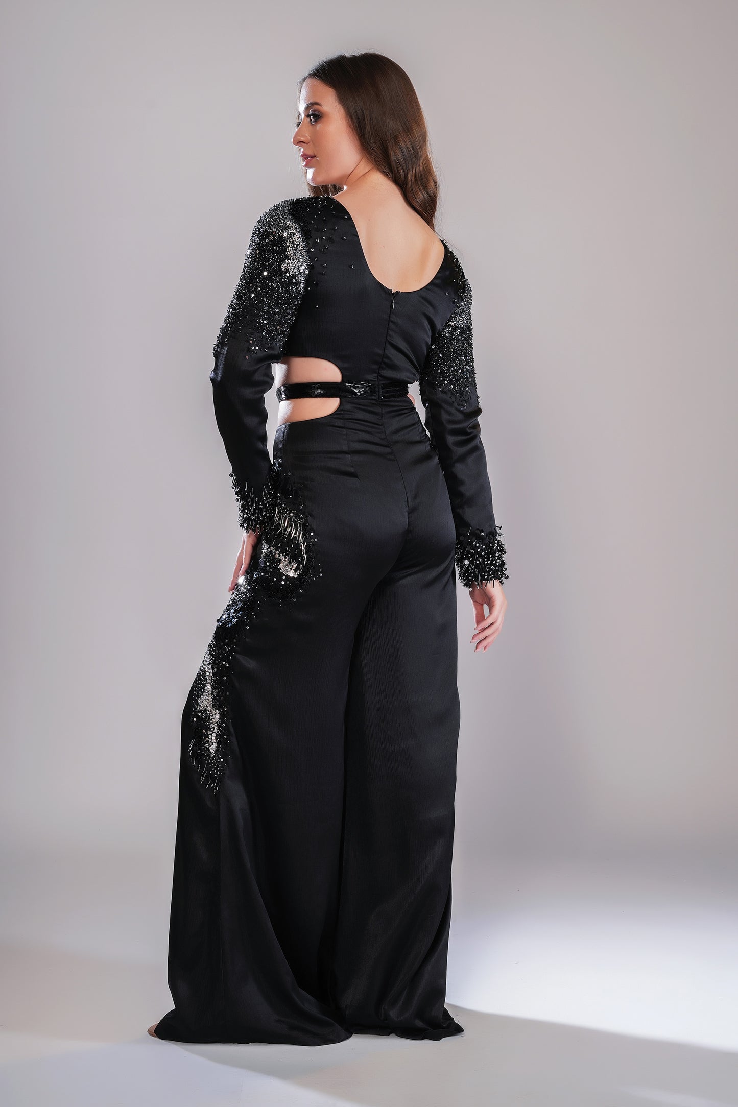 Temporal Illusion Black Satin Cocktail Jumpsuit
