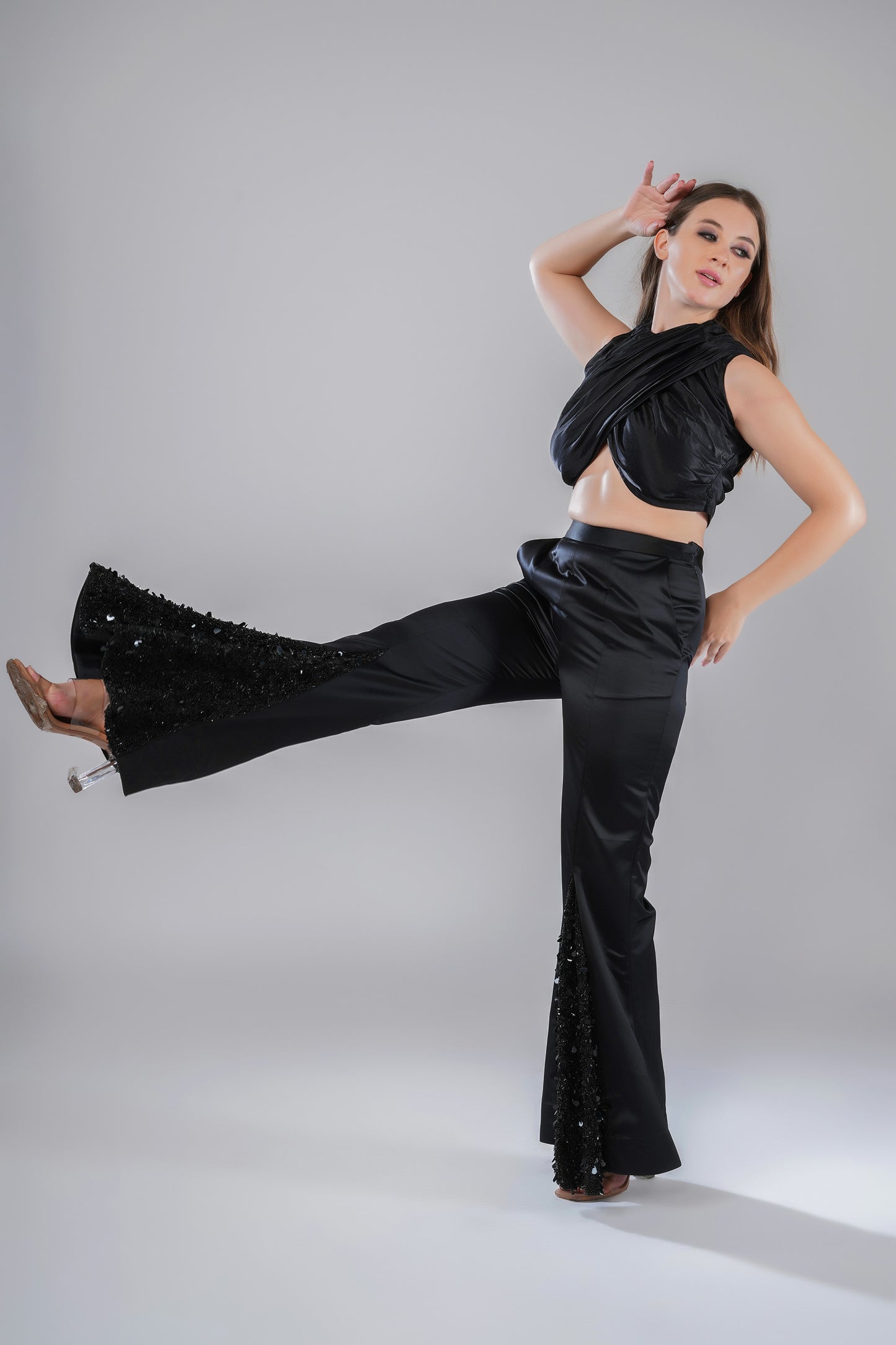 Perenial Noir Black Tulle Party Wear Crop Top