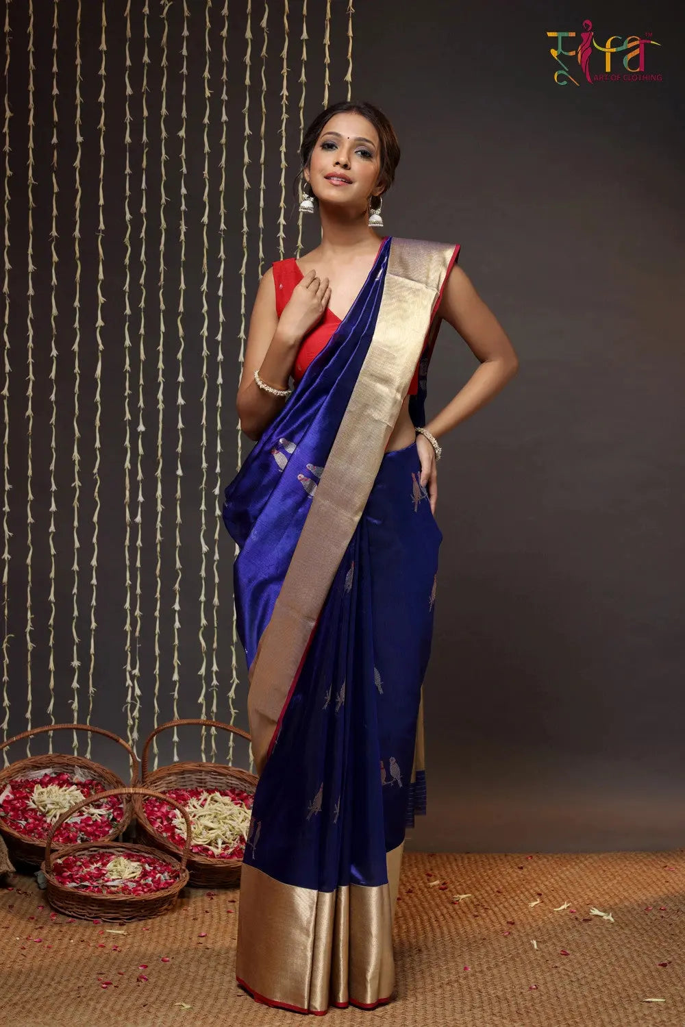 Navy Blue Handloom Pure Silk Chanderi Saree With Broad Zari Border