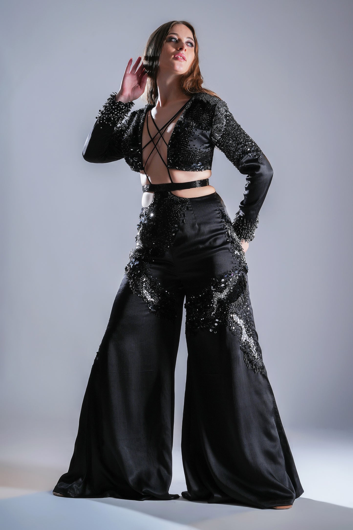 Temporal Illusion Black Satin Cocktail Jumpsuit