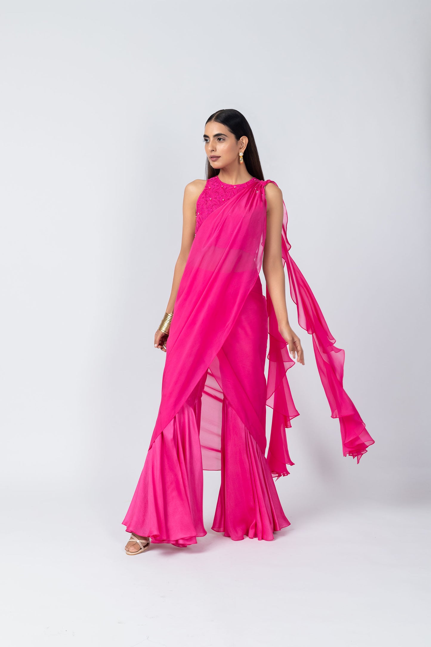 Bebo Hot Pink Organza Halter Neck schiffli embroidery Top & Sharara Set