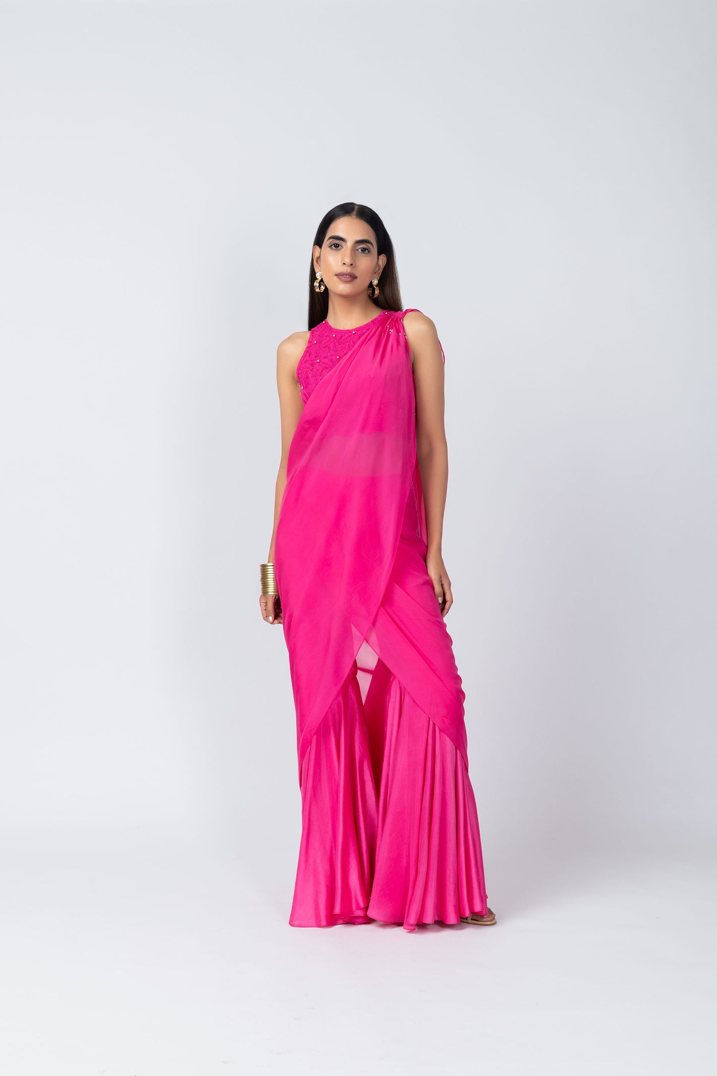 Bebo Hot Pink Organza Halter Neck schiffli embroidery Top & Sharara Set