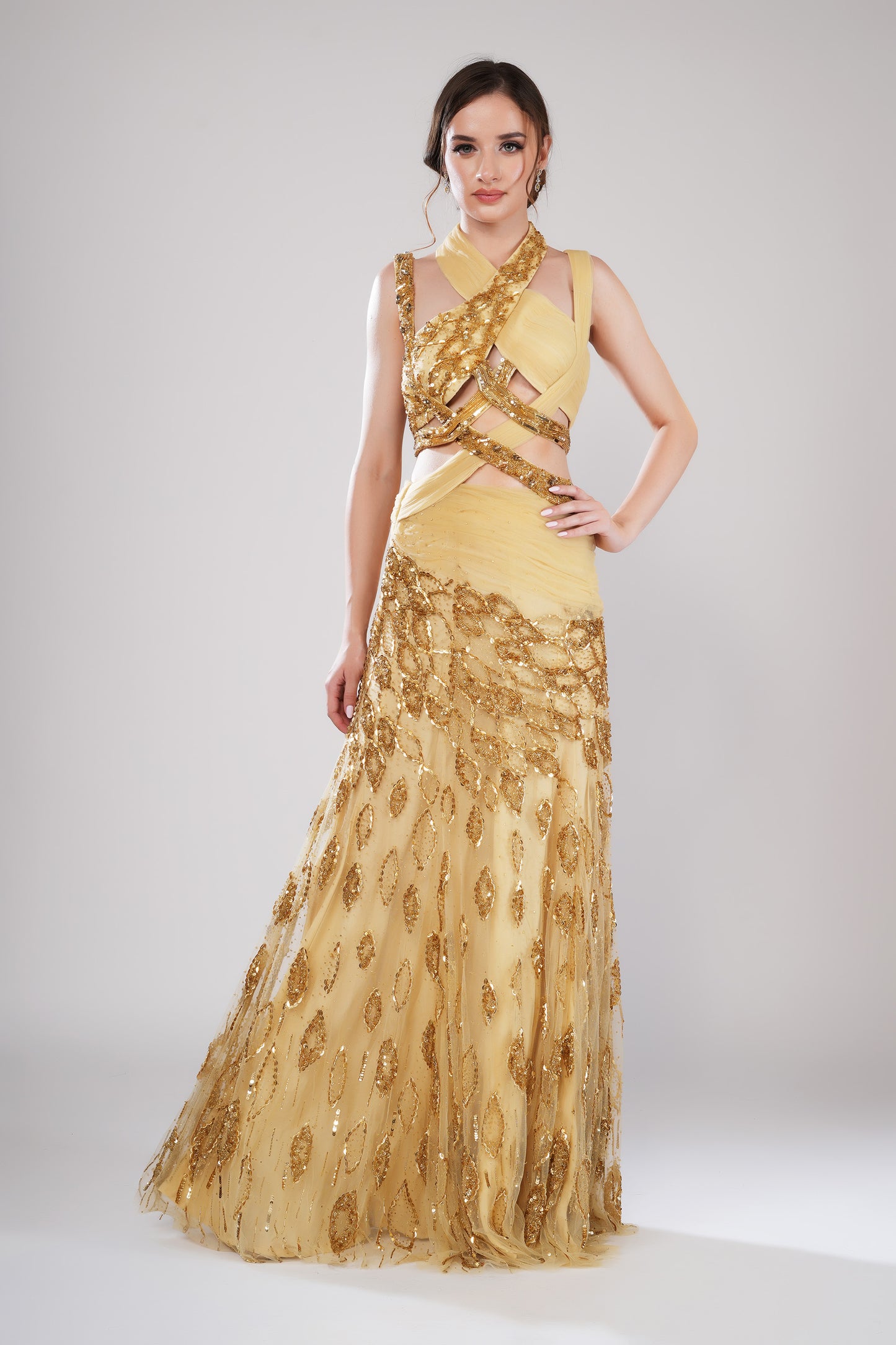 Gilded maze Golden yellow designer gown