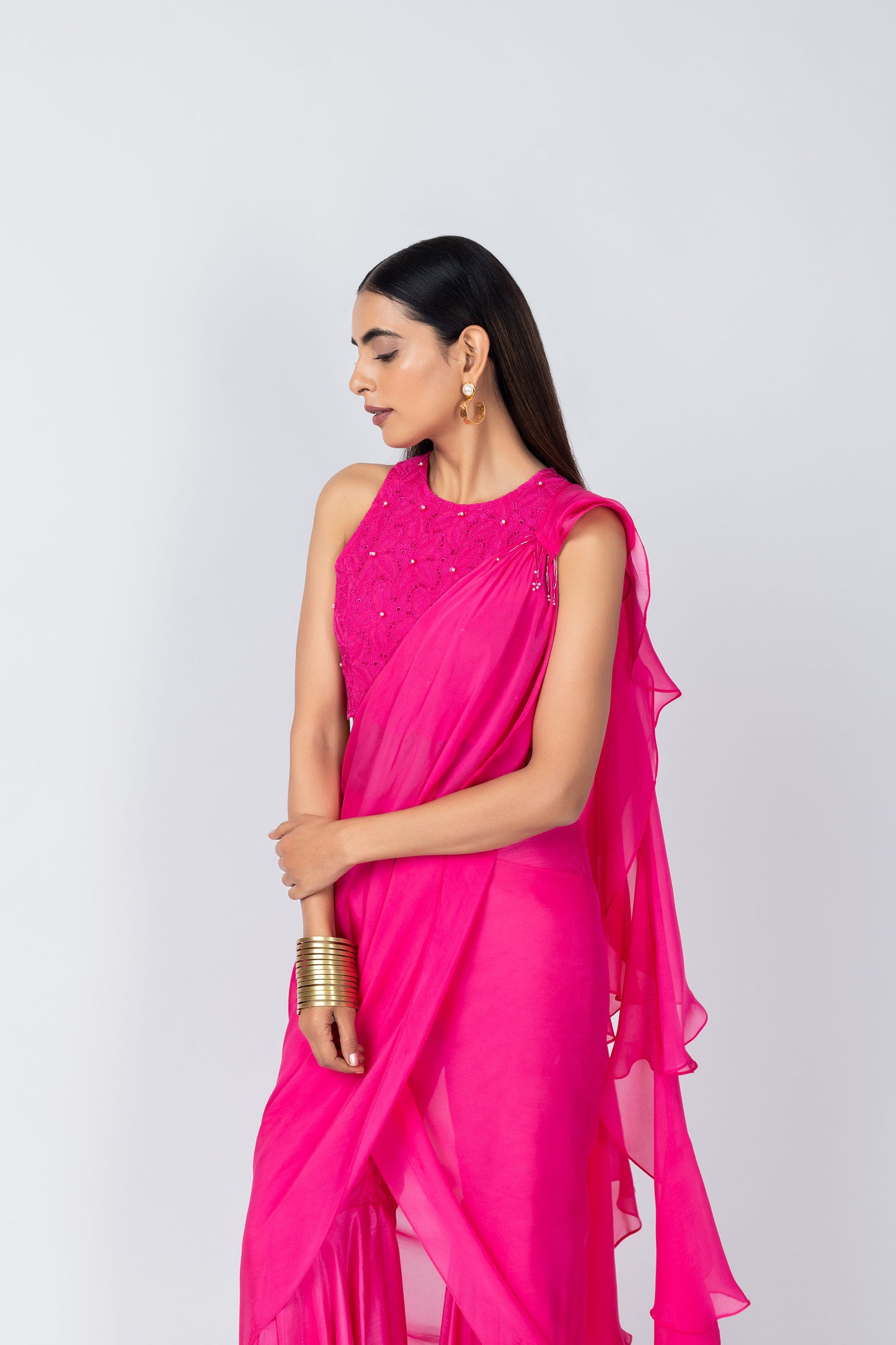 Bebo Hot Pink Organza Halter Neck schiffli embroidery Top & Sharara Set
