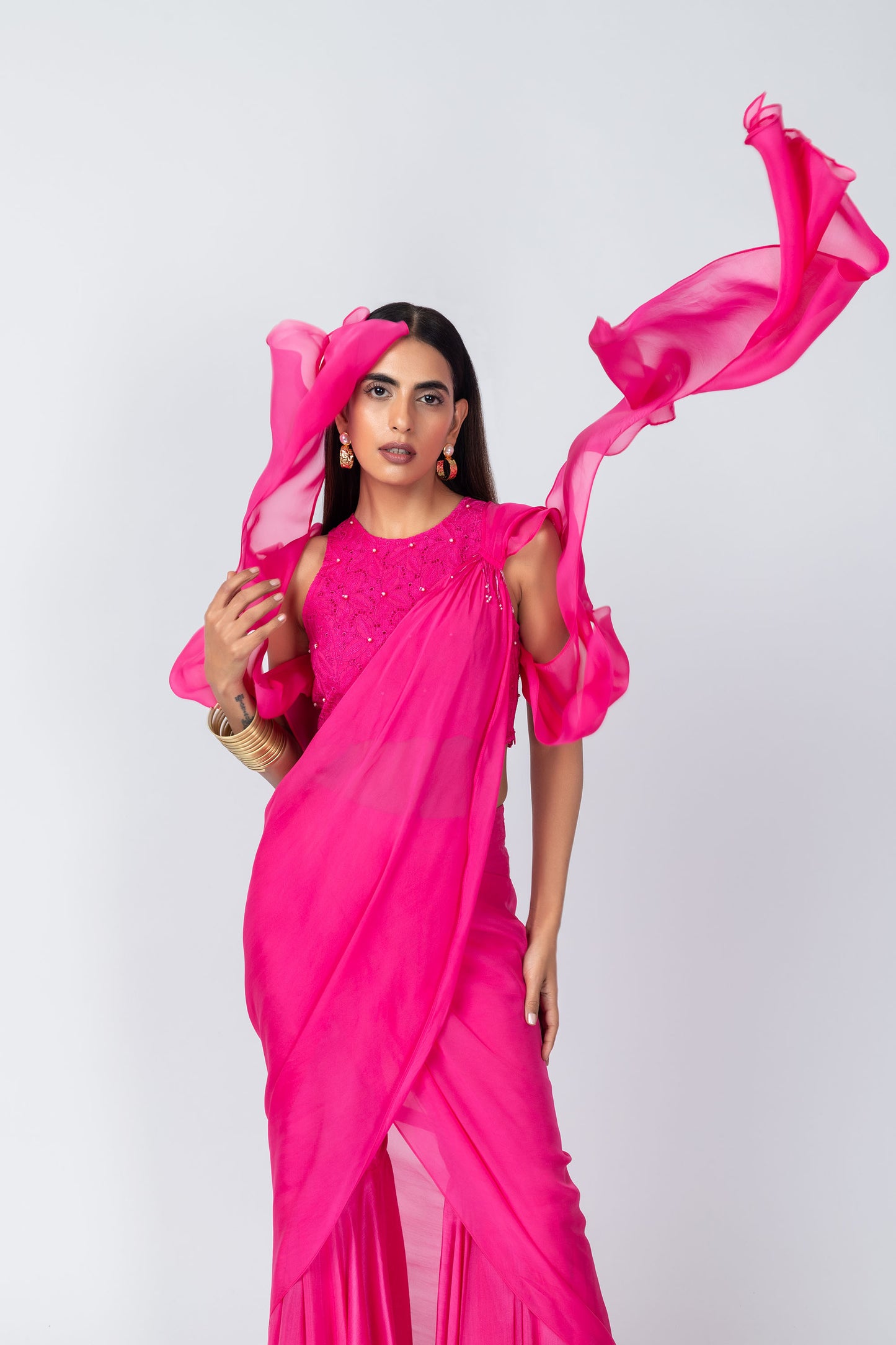 Bebo Hot Pink Organza Halter Neck schiffli embroidery Top & Sharara Set