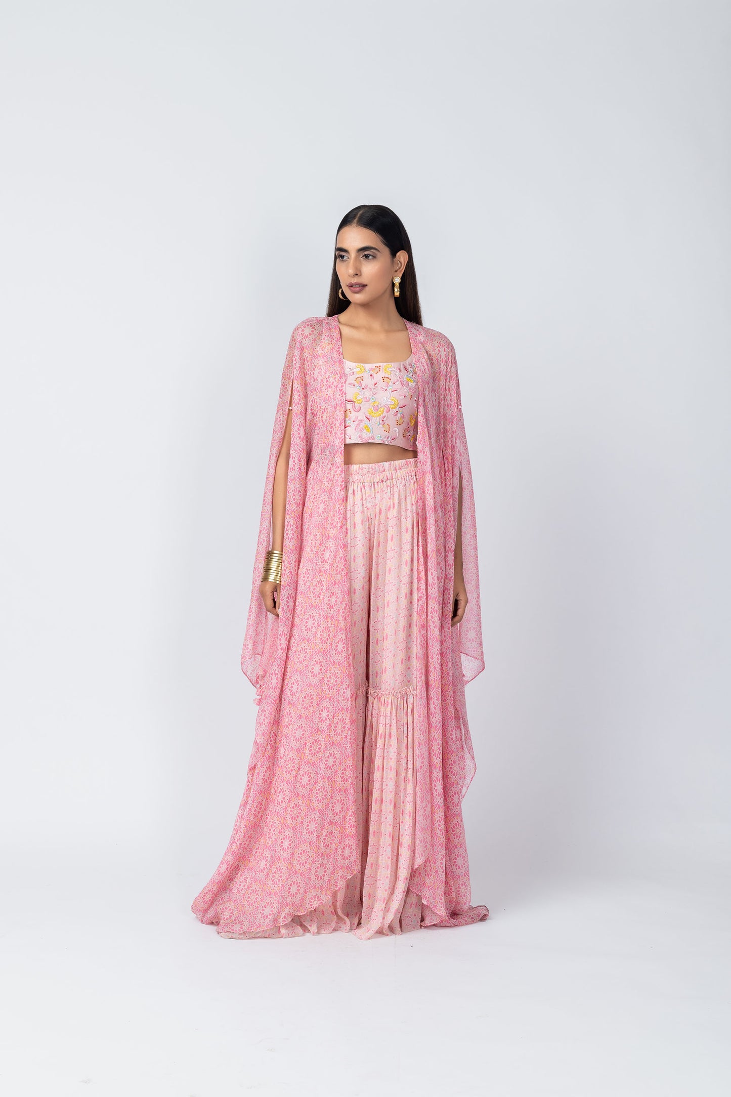 ARSHIYA Embroidered Short Blouse with Pink Printed Jacket and Sharara Pants