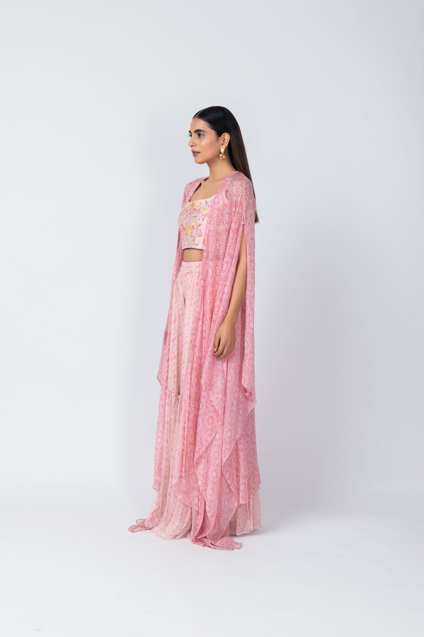 ARSHIYA Embroidered Short Blouse with Pink Printed Jacket and Sharara Pants