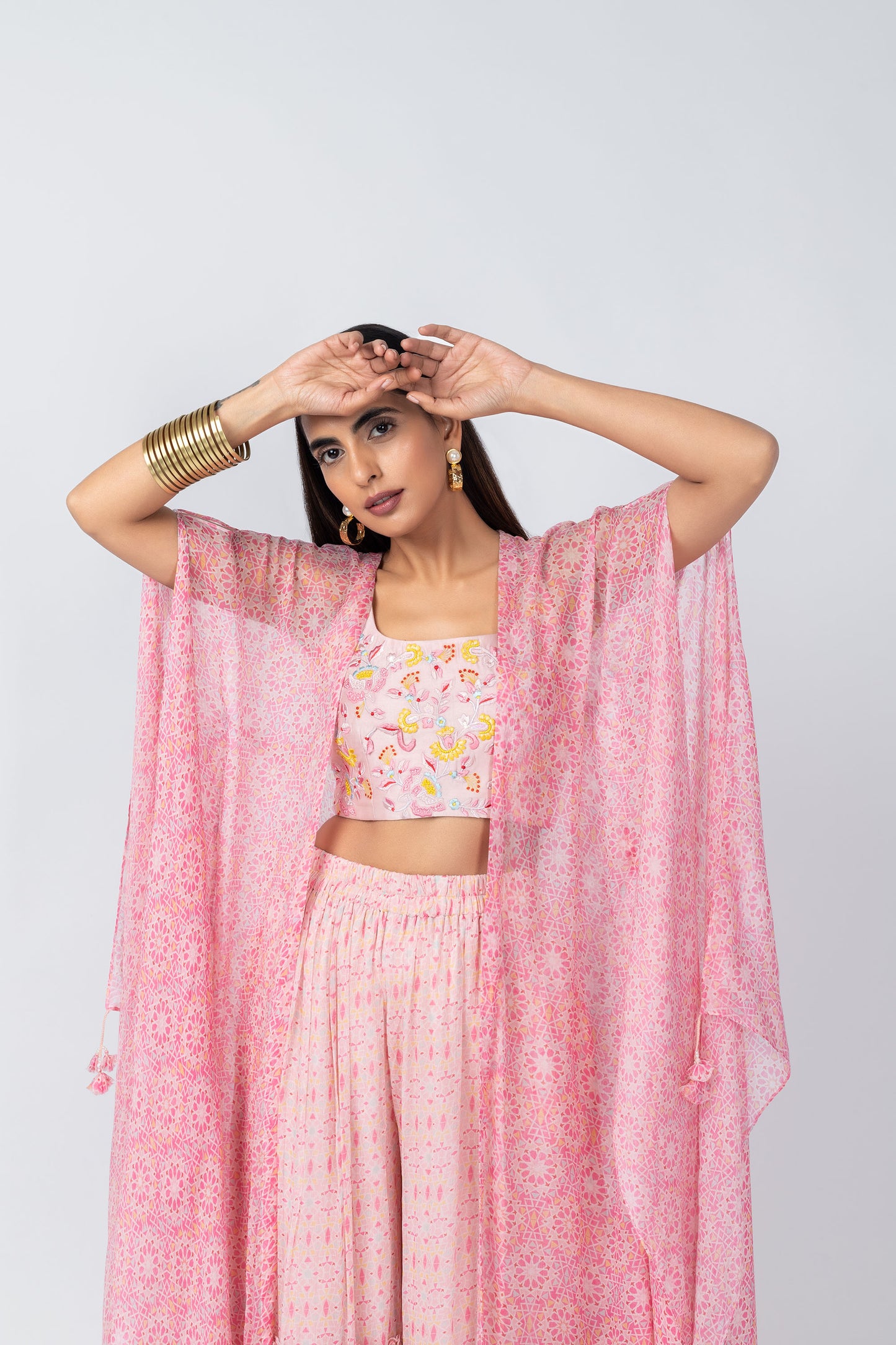 ARSHIYA Embroidered Short Blouse with Pink Printed Jacket and Sharara Pants