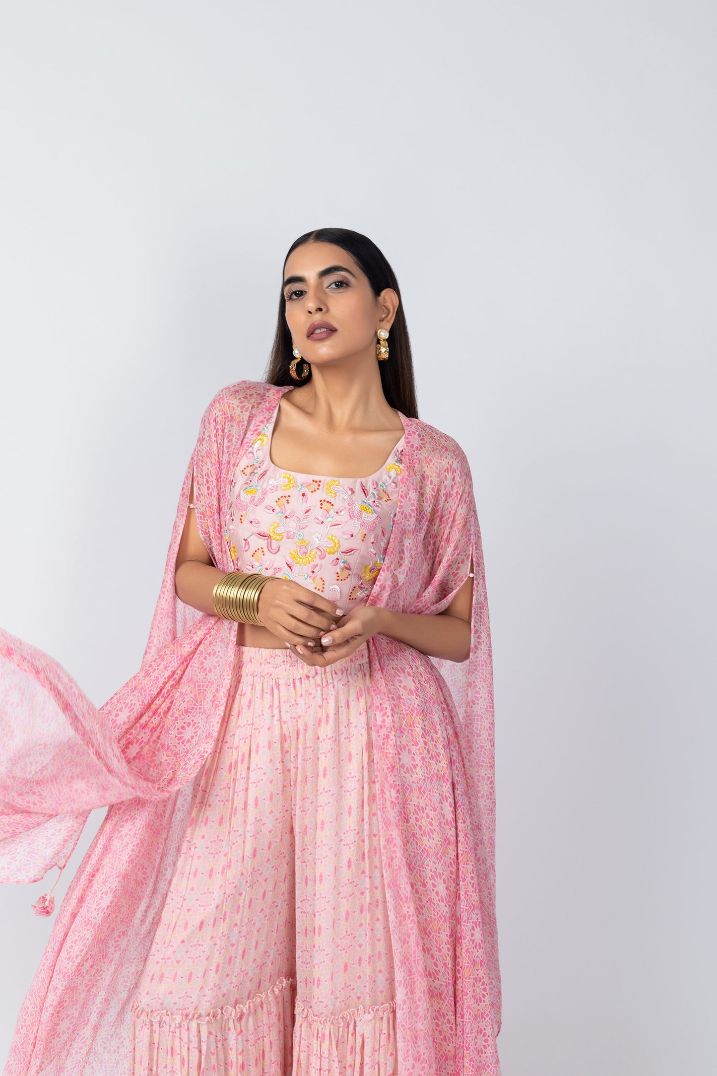 ARSHIYA Embroidered Short Blouse with Pink Printed Jacket and Sharara Pants