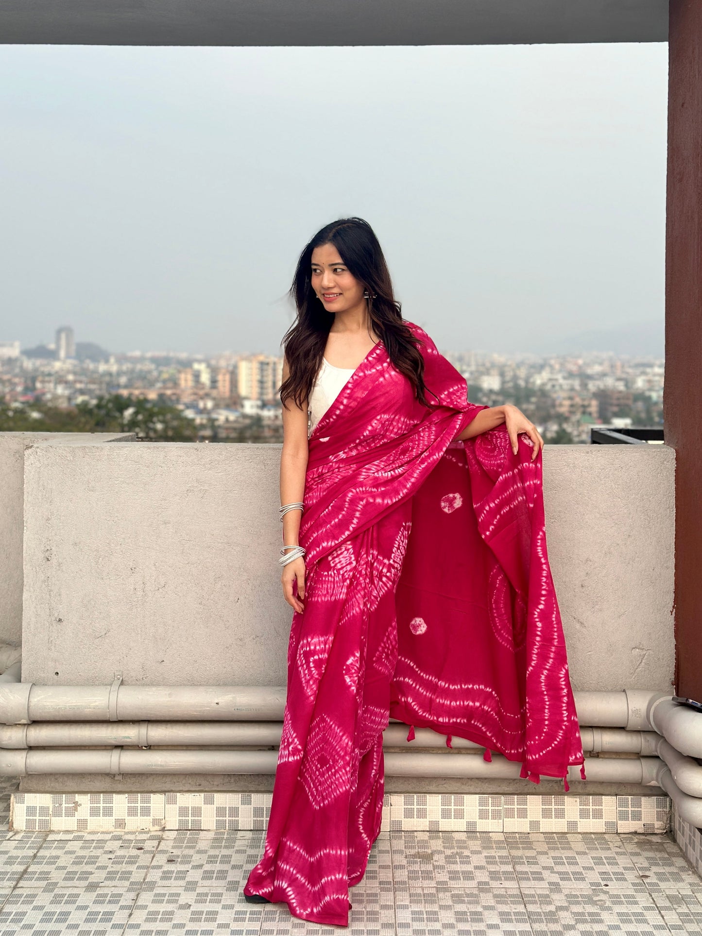 Raani Pink - Tie & Dye Shibori Print Natural Dyed - Mulmul Cotton Saree